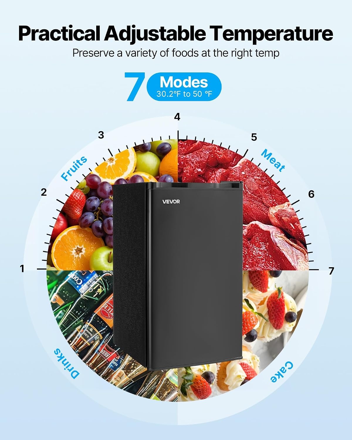 image:imageVEVOR 32 CuFt Mini Fridge with Freezer Single Door Compact Refrigerator with Micron Frozen Zone 7Mode Adjustable Temp Energy Efficient Small Dorm Fridge Reversible Door Low Noise Black