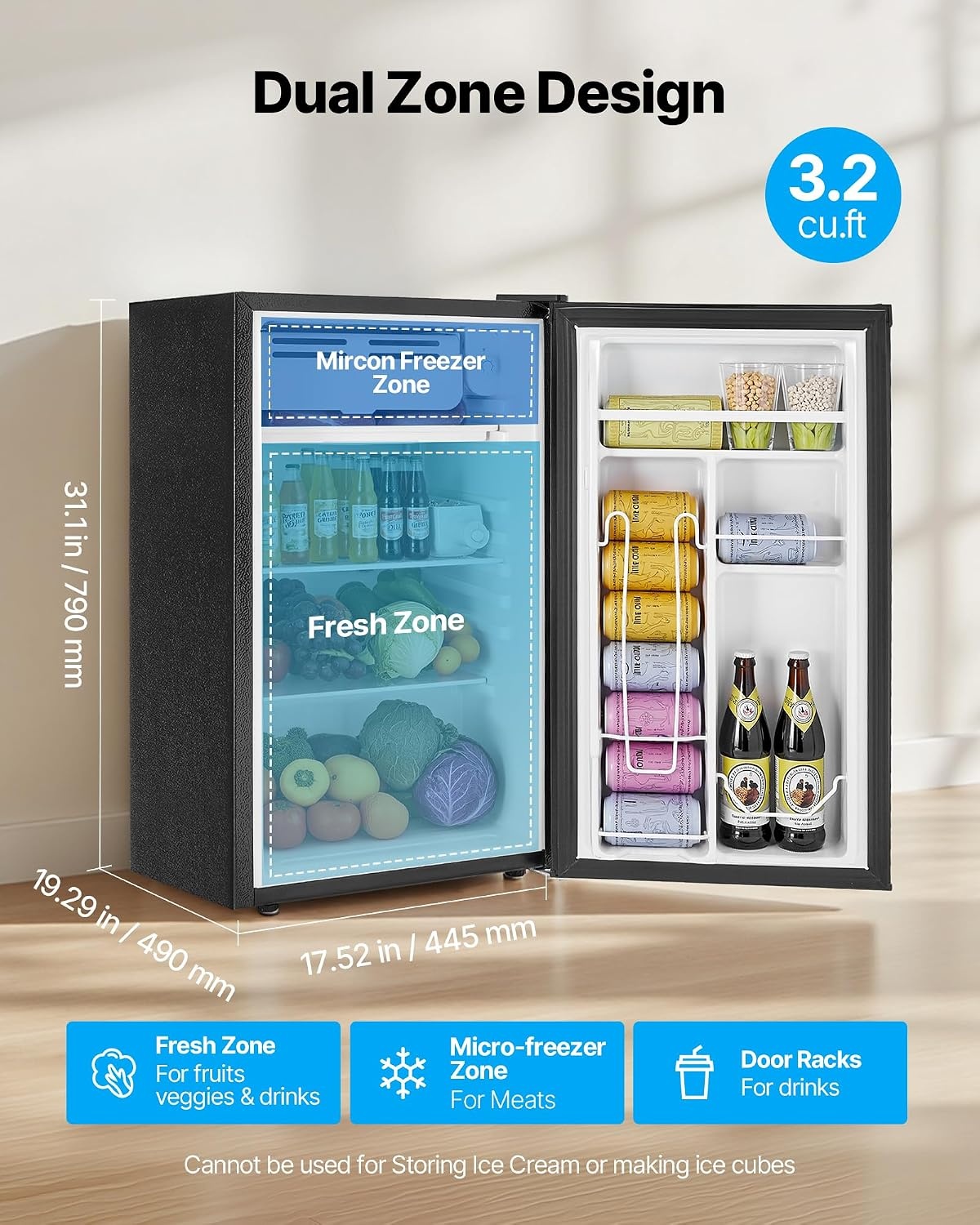 image:imageVEVOR 32 CuFt Mini Fridge with Freezer Single Door Compact Refrigerator with Micron Frozen Zone 7Mode Adjustable Temp Energy Efficient Small Dorm Fridge Reversible Door Low Noise Black