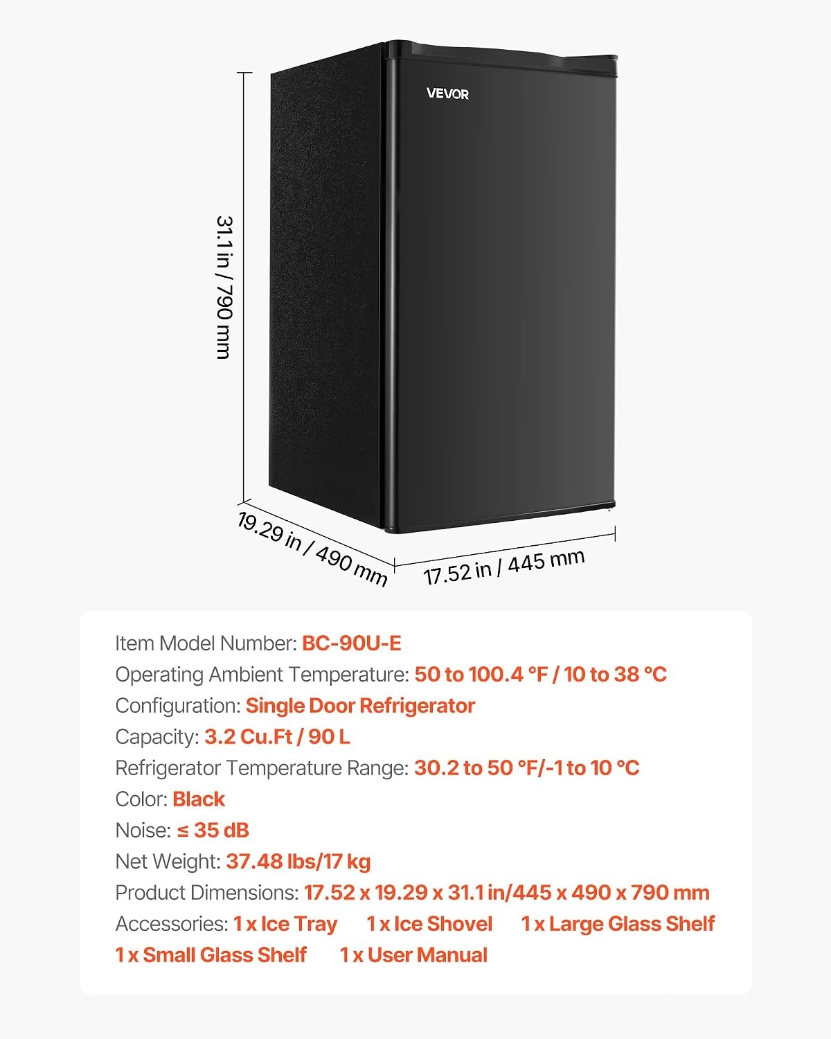 image:imageVEVOR 32 CuFt Mini Fridge with Freezer Single Door Compact Refrigerator with Micron Frozen Zone 7Mode Adjustable Temp Energy Efficient Small Dorm Fridge Reversible Door Low Noise Black