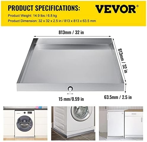 image:imageVEVOR 32 x 30 x 25 Inch Washing Machine Pan 18 GA Thickness 304 Stainless Steel Heavy Duty Compact Washer Drip Tray with Drain Hole amp Hose Adapter304 Stainless Steel32 x 32 x 25 Inch