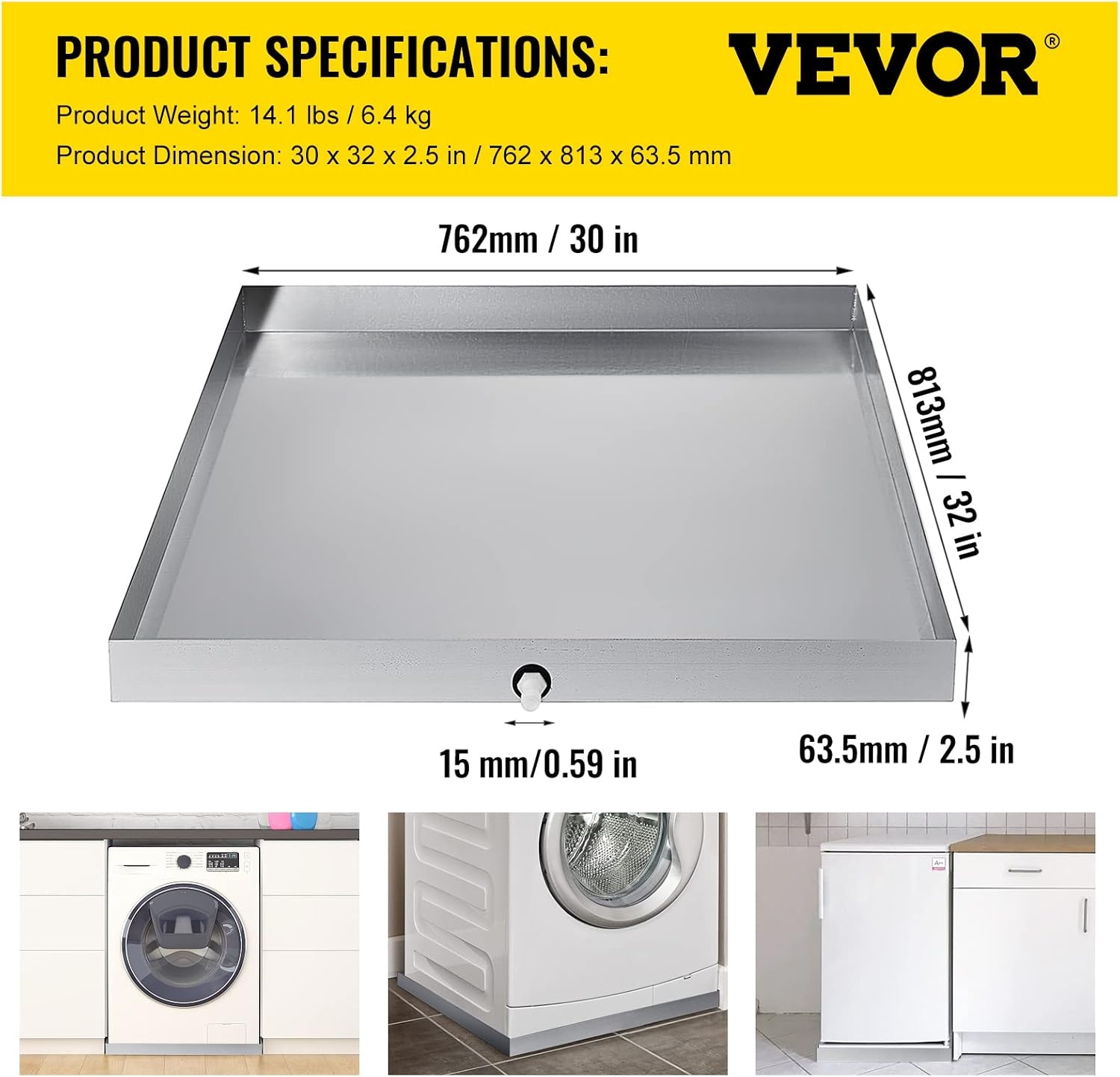 image:imageVEVOR 32 x 30 x 25 Inch Washing Machine Pan 18 GA Thickness 304 Stainless Steel Heavy Duty Compact Washer Drip Tray with Drain Hole amp Hose Adapter304 Stainless Steel32 x 30 x 25 Inch