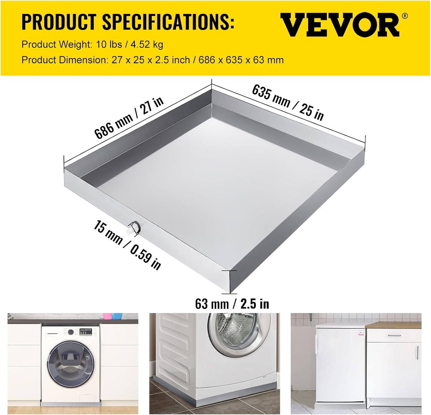 image:imageVEVOR 32 x 30 x 25 Inch Washing Machine Pan 18 GA Thickness 304 Stainless Steel Heavy Duty Compact Washer Drip Tray with Drain Hole amp Hose Adapter304 Stainless Steel27 x 25 x 25 Inch