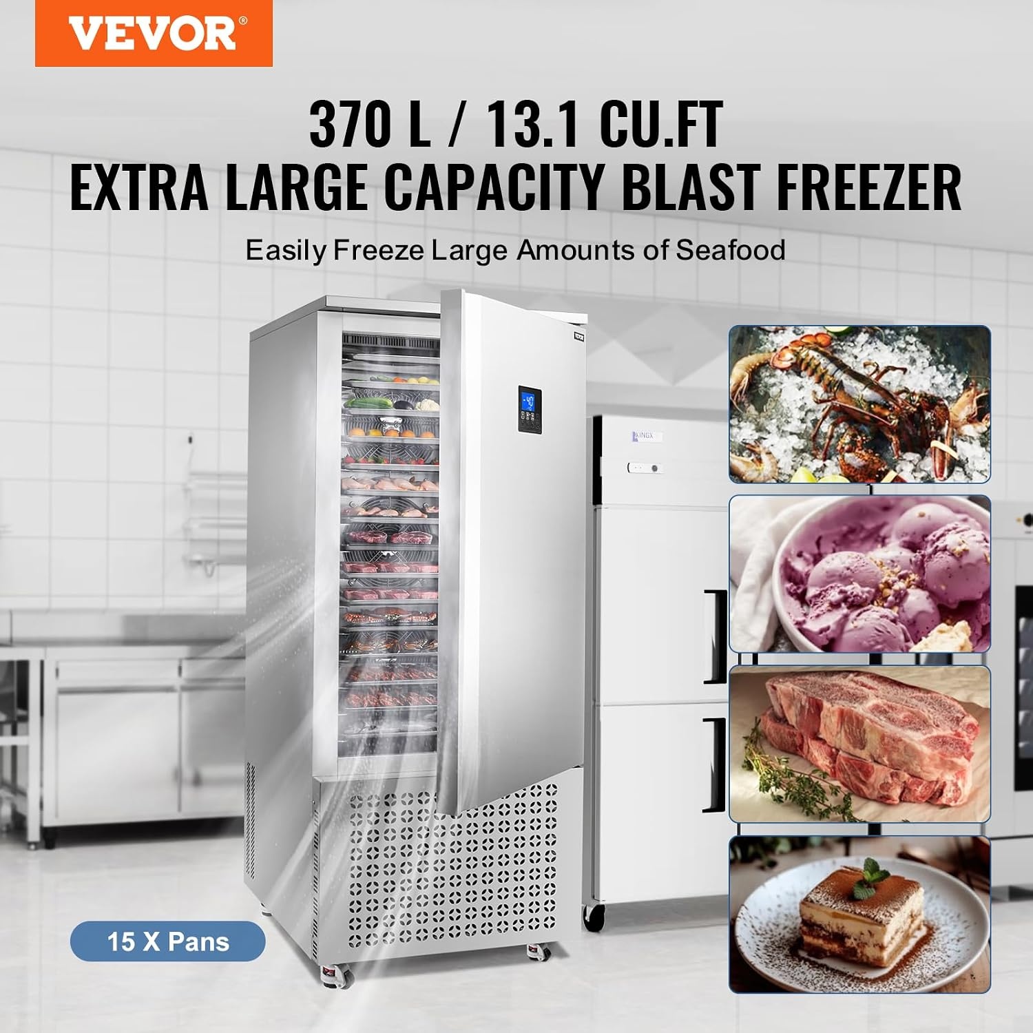image:imageVEVOR 32L Blast Freezer 4 Trays Commercial Freezers Flashlt3168Fgt Mini Countertop Shock Frozen for Home 360 Fan Cooling Batch Freeze 304 Stainless Steel Blast Chiller for Seafood Ice Cream370L