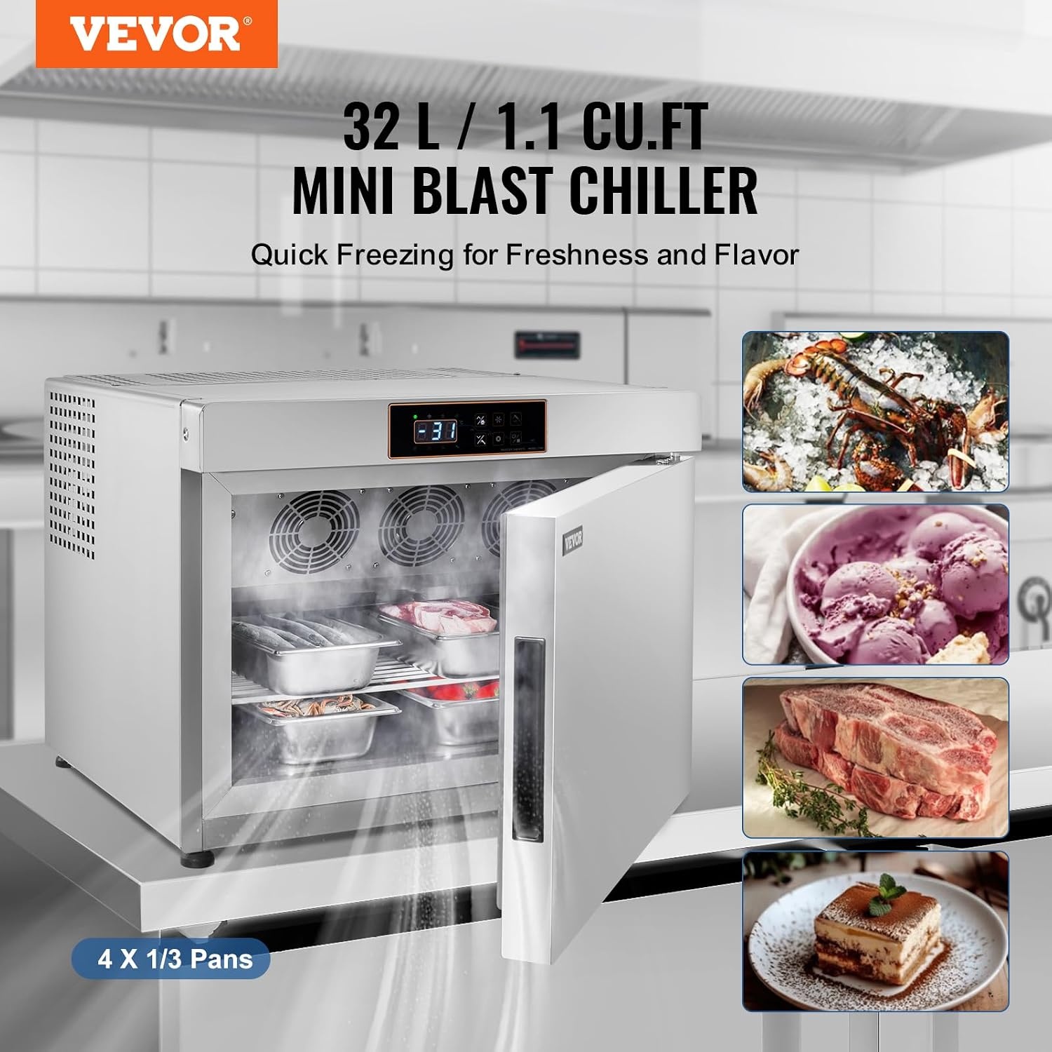 image:imageVEVOR 32L Blast Freezer 4 Trays Commercial Freezers Flashlt3168Fgt Mini Countertop Shock Frozen for Home 360 Fan Cooling Batch Freeze 304 Stainless Steel Blast Chiller for Seafood Ice Cream32L