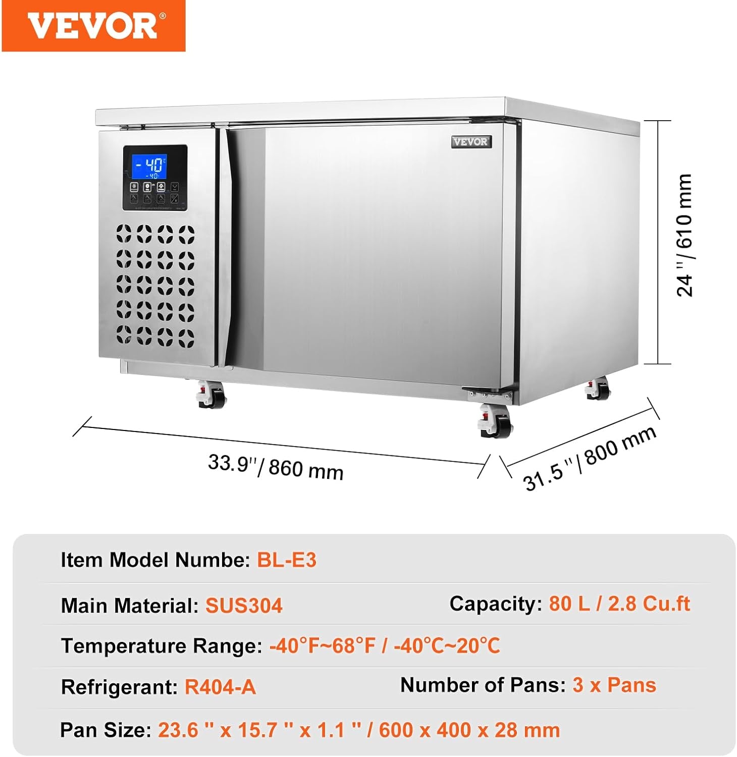 image:imageVEVOR 32L Blast Freezer 4 Trays Commercial Freezers Flashlt3168Fgt Mini Countertop Shock Frozen for Home 360 Fan Cooling Batch Freeze 304 Stainless Steel Blast Chiller for Seafood Ice Cream80L
