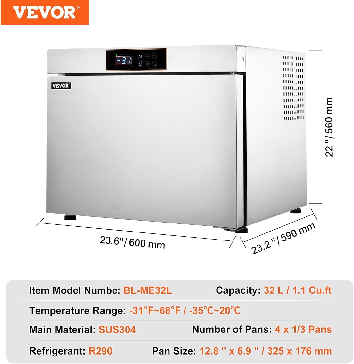 image:imageVEVOR 32L Blast Freezer 4 Trays Commercial Freezers Flashlt3168Fgt Mini Countertop Shock Frozen for Home 360 Fan Cooling Batch Freeze 304 Stainless Steel Blast Chiller for Seafood Ice Cream32L