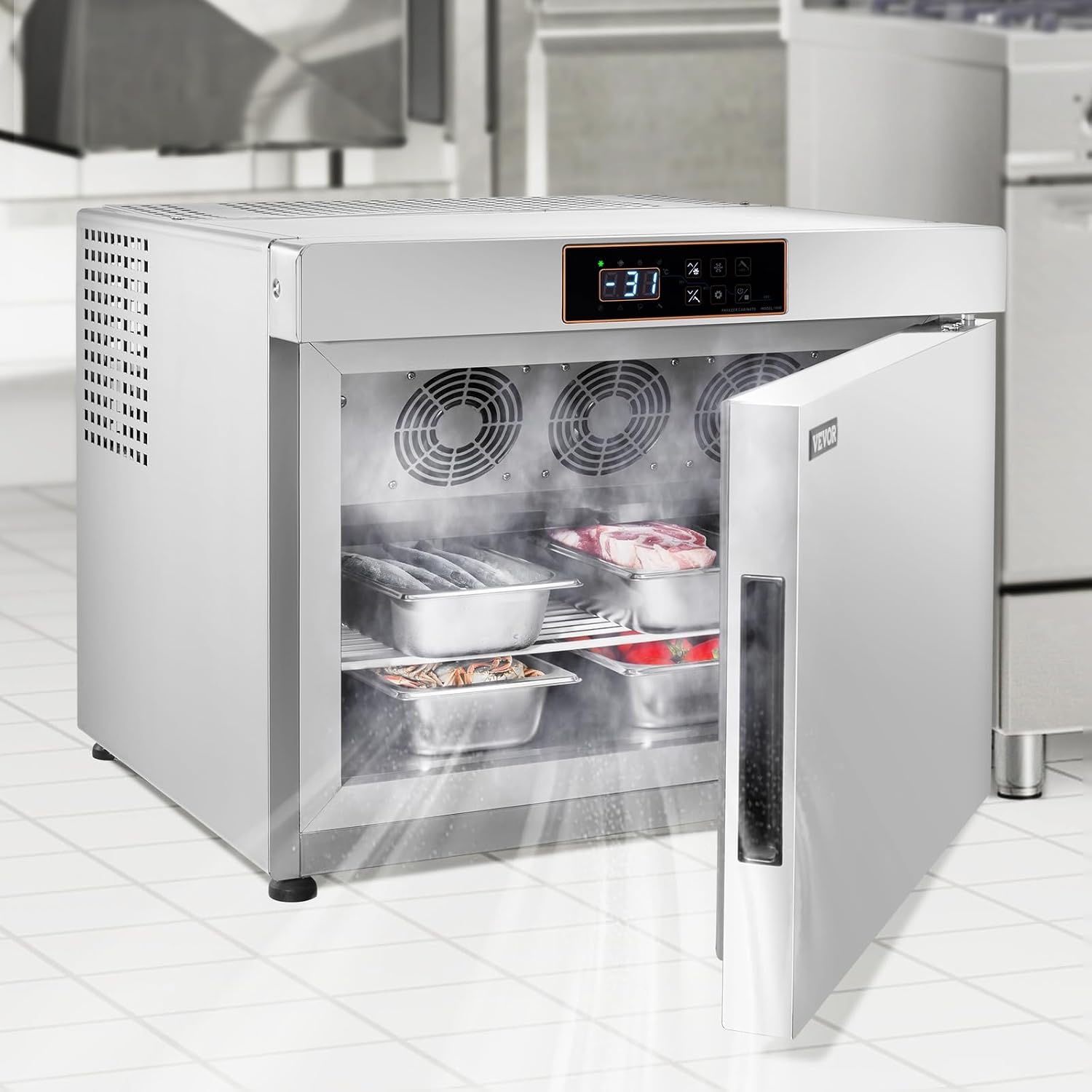 image:imageVEVOR 32L Blast Freezer 4 Trays Commercial Freezers Flashlt3168Fgt Mini Countertop Shock Frozen for Home 360 Fan Cooling Batch Freeze 304 Stainless Steel Blast Chiller for Seafood Ice Cream32L