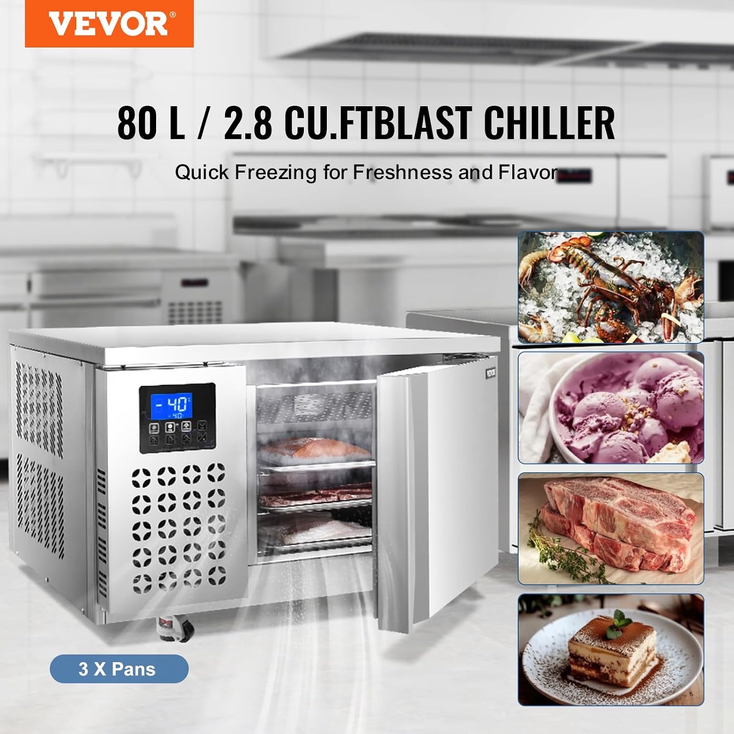 image:imageVEVOR 32L Blast Freezer 4 Trays Commercial Freezers Flashlt3168Fgt Mini Countertop Shock Frozen for Home 360 Fan Cooling Batch Freeze 304 Stainless Steel Blast Chiller for Seafood Ice Cream80L
