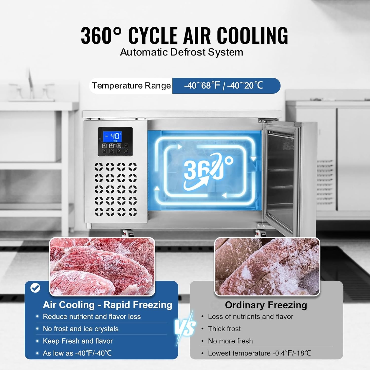 image:imageVEVOR 32L Blast Freezer 4 Trays Commercial Freezers Flashlt3168Fgt Mini Countertop Shock Frozen for Home 360 Fan Cooling Batch Freeze 304 Stainless Steel Blast Chiller for Seafood Ice Cream80L