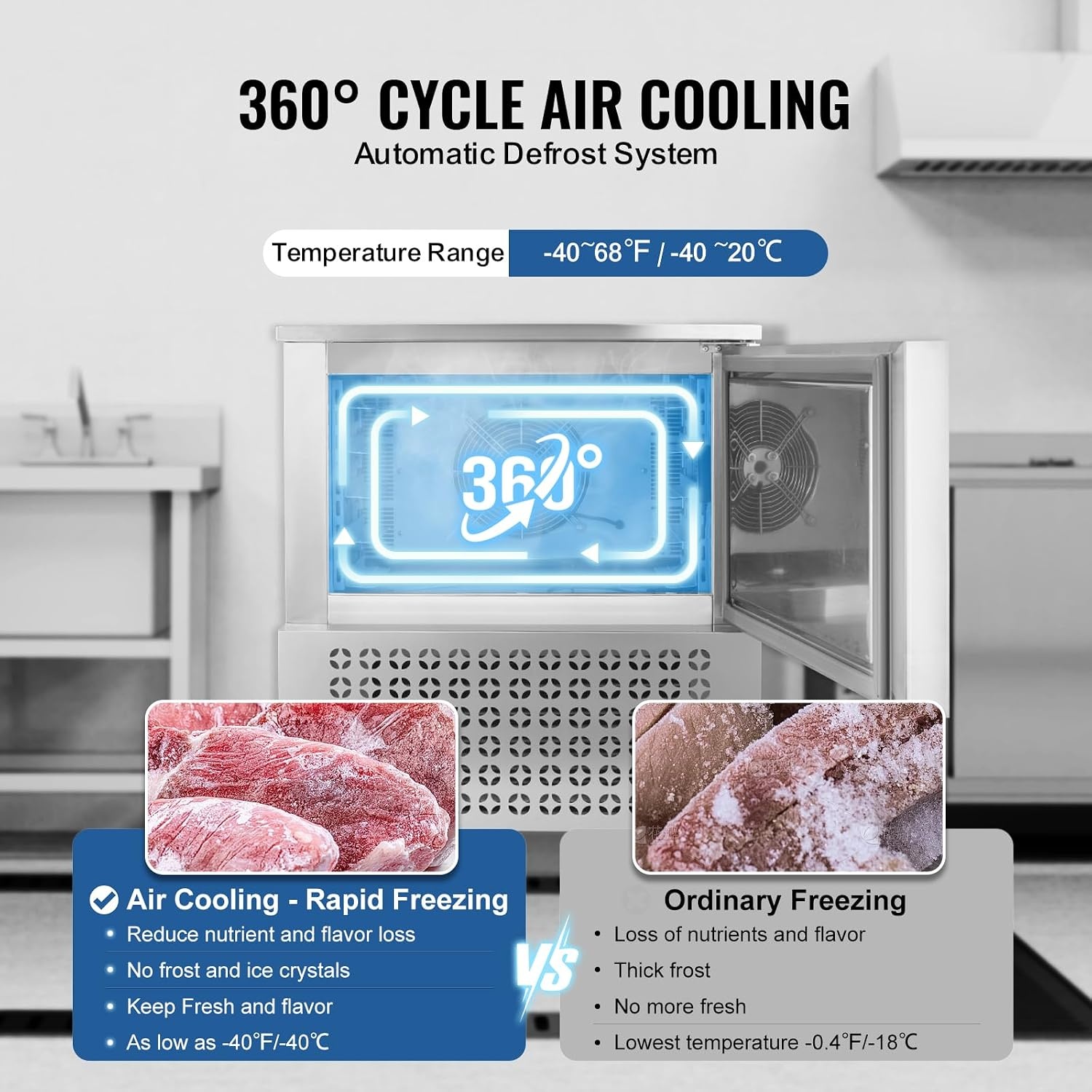 image:imageVEVOR 32L Blast Freezer 4 Trays Commercial Freezers Flashlt3168Fgt Mini Countertop Shock Frozen for Home 360 Fan Cooling Batch Freeze 304 Stainless Steel Blast Chiller for Seafood Ice Cream114L
