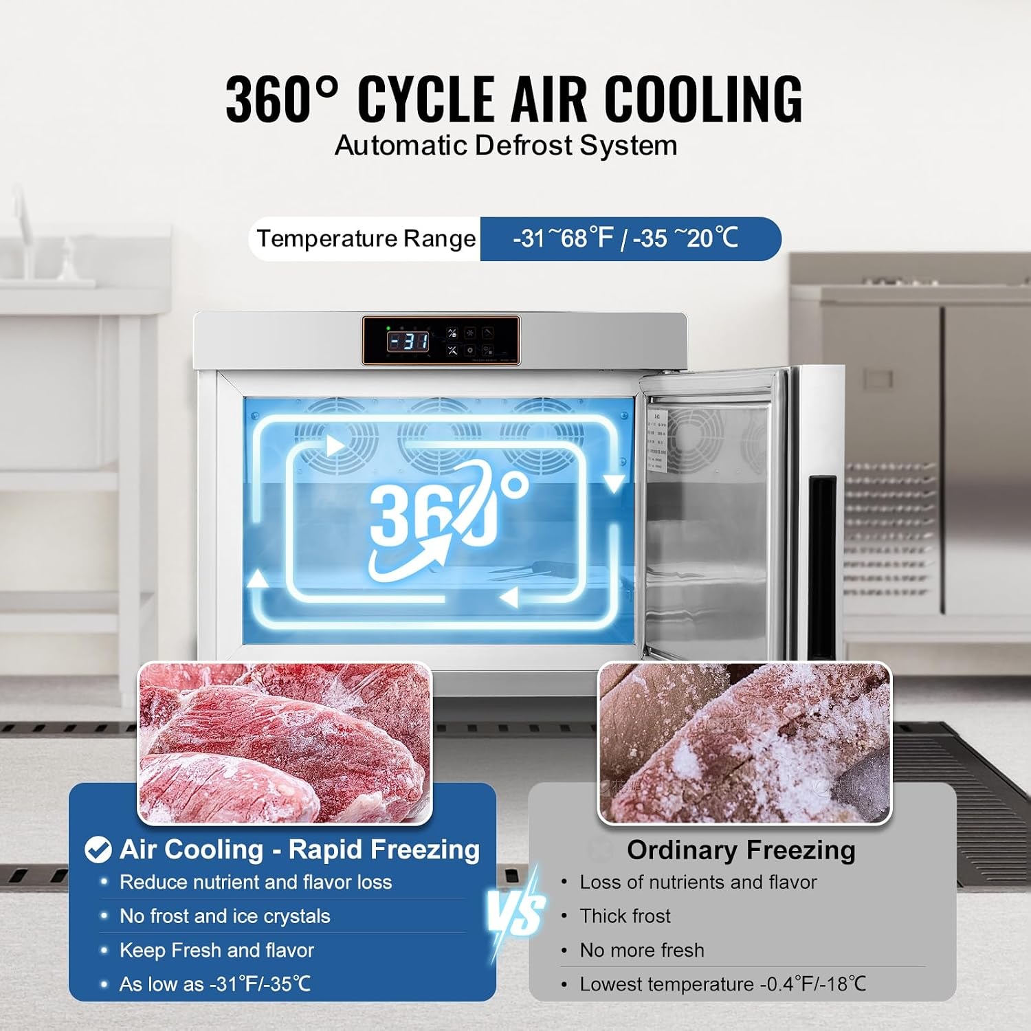 image:imageVEVOR 32L Blast Freezer 4 Trays Commercial Freezers Flashlt3168Fgt Mini Countertop Shock Frozen for Home 360 Fan Cooling Batch Freeze 304 Stainless Steel Blast Chiller for Seafood Ice Cream32L