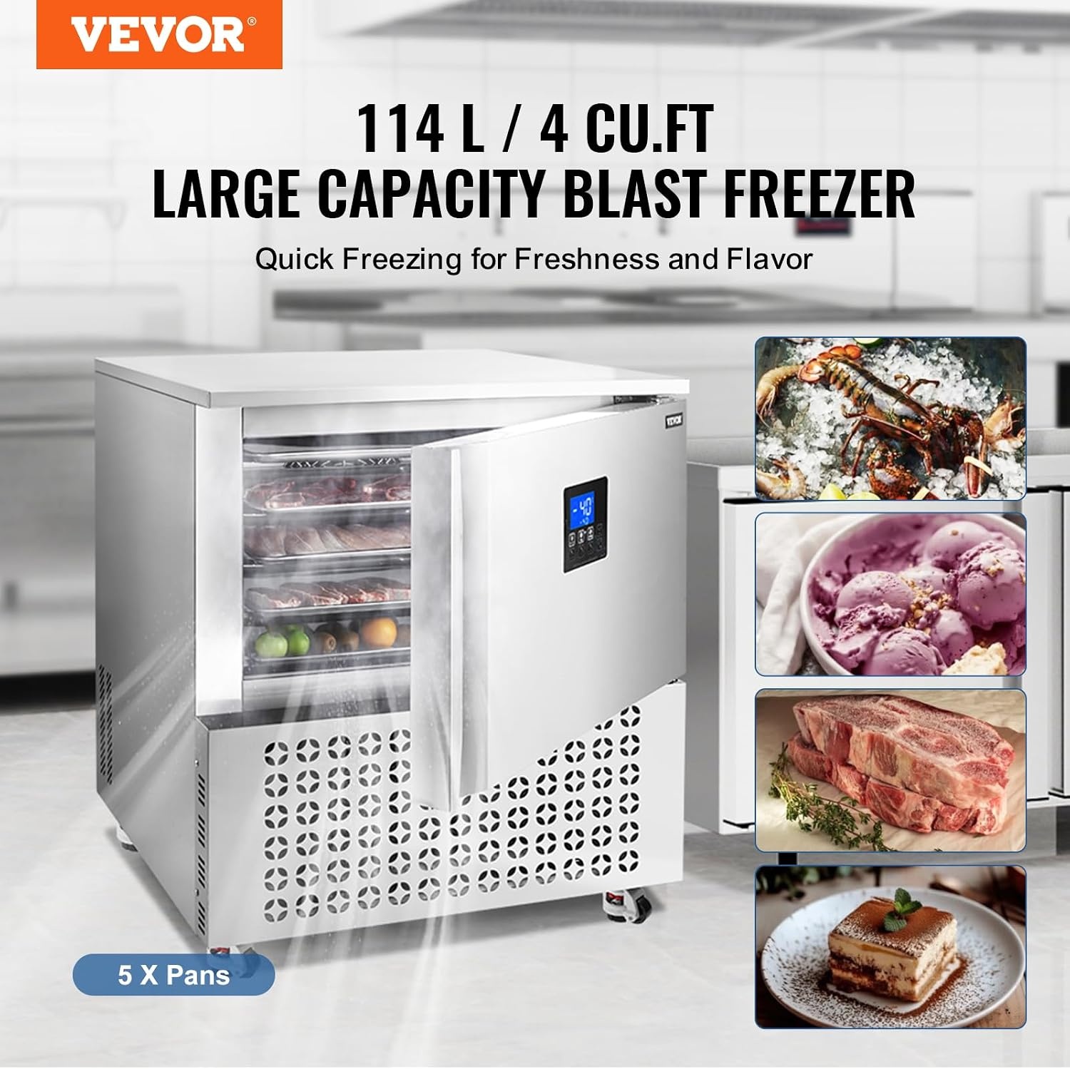 image:imageVEVOR 32L Blast Freezer 4 Trays Commercial Freezers Flashlt3168Fgt Mini Countertop Shock Frozen for Home 360 Fan Cooling Batch Freeze 304 Stainless Steel Blast Chiller for Seafood Ice Cream114L