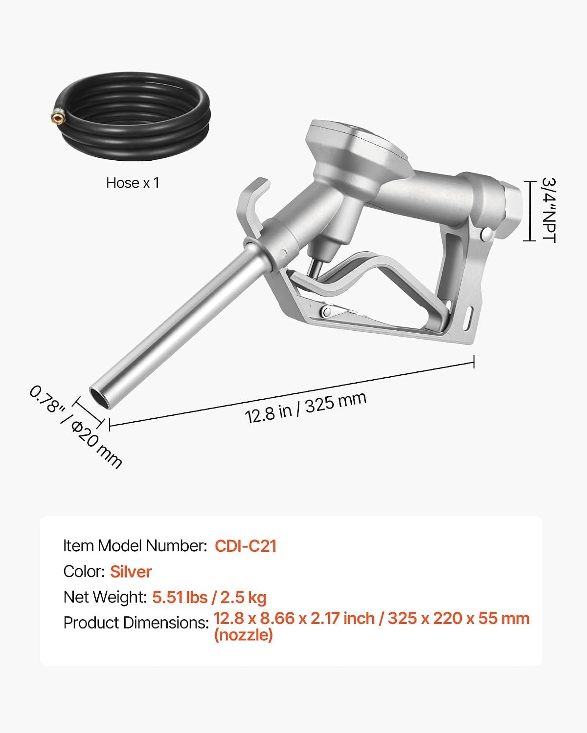 image:imageVEVOR 34Inch Barb Diesel Exhaust Fluid Nozzle Max Flow Rate 116 GPM Auto Shut Off Dispenser Nozzle with 3Speed Trigger Lock amp 34Inch OD19 mm Spout Used for Urea Industrial Fluids BlueSilver with 10Ft hose