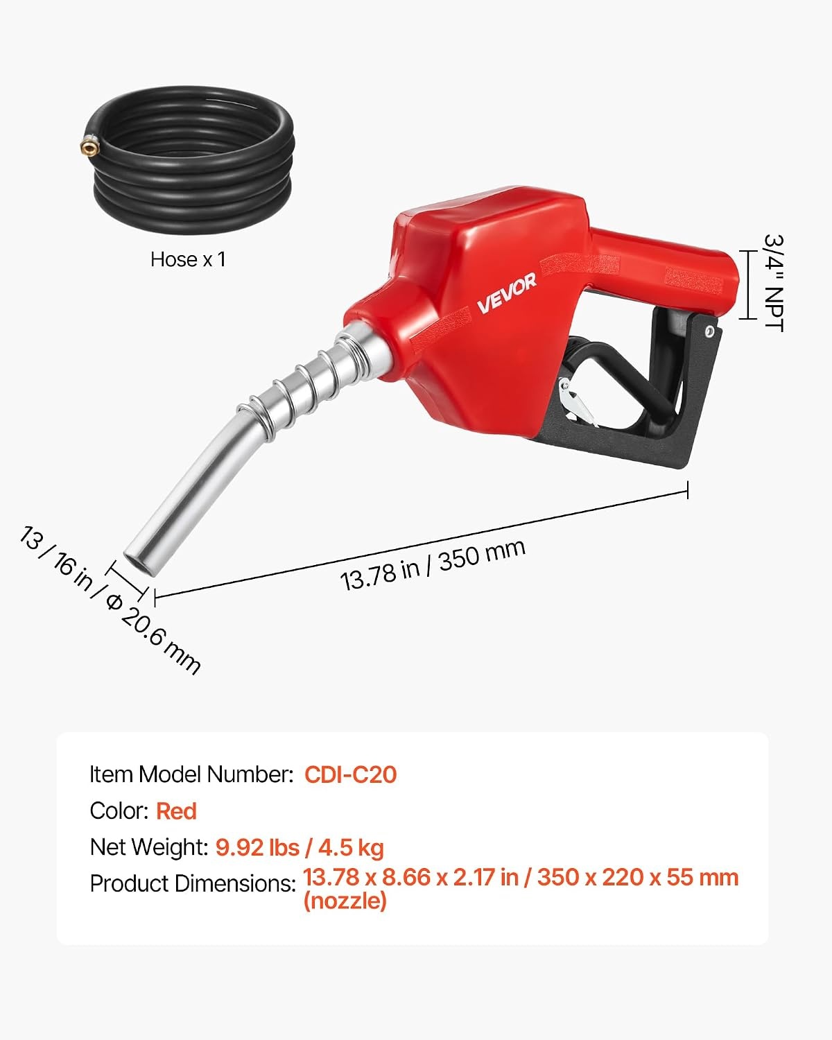 image:imageVEVOR 34Inch Barb Diesel Exhaust Fluid Nozzle Max Flow Rate 116 GPM Auto Shut Off Dispenser Nozzle with 3Speed Trigger Lock amp 34Inch OD19 mm Spout Used for Urea Industrial Fluids BlueRed with 20Ft hose