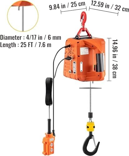 image:imageVEVOR 3in1 Electric Hoist Winch 1100lbs 1500W Portable Power Winch Crane 110V120V 229 ft Lifting Height 13 ftmin with Manual Wired and Wireless Remote Control Overload ProtectionOrange