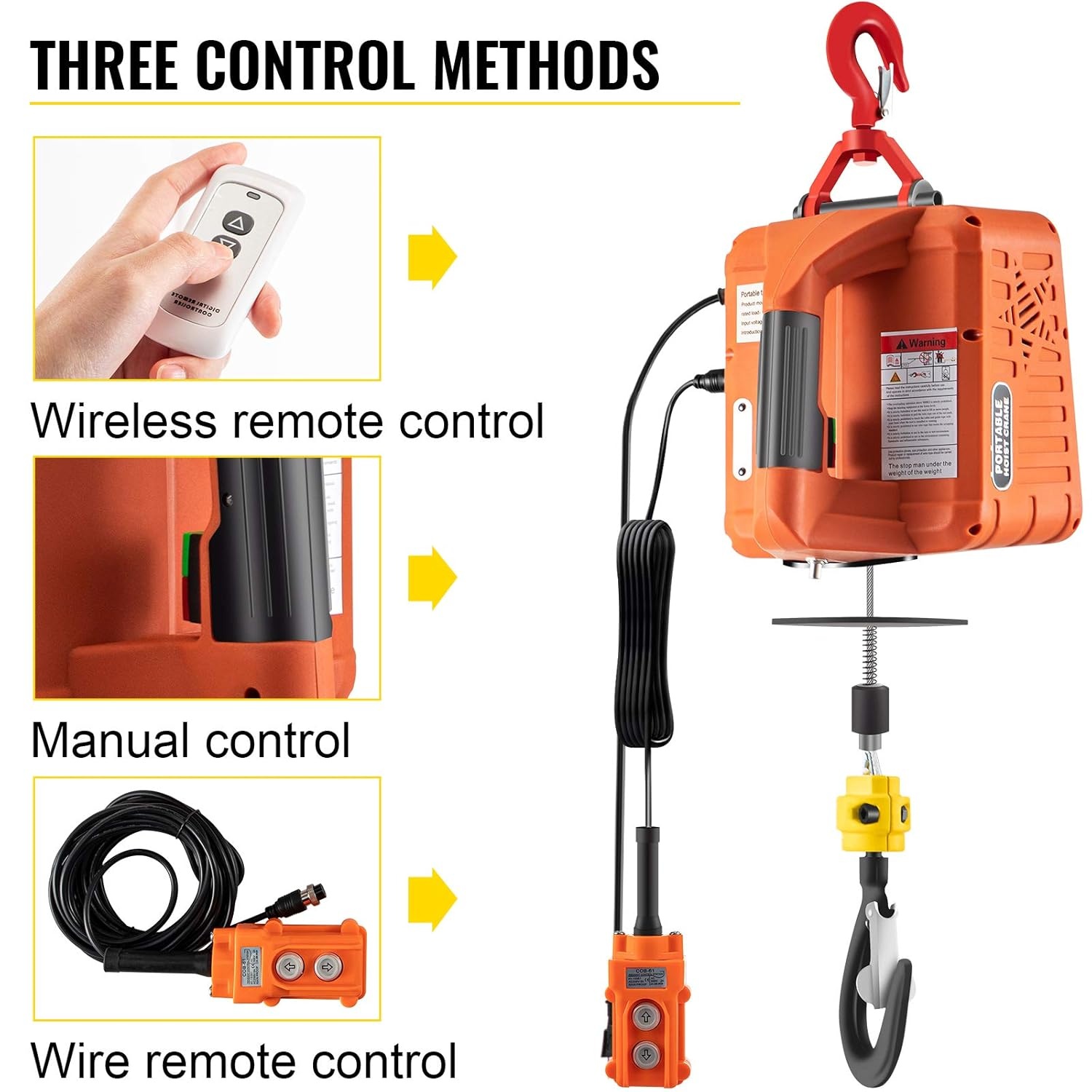 image:imageVEVOR 3in1 Electric Hoist Winch 1100lbs 1500W Portable Power Winch Crane 110V120V 229 ft Lifting Height 13 ftmin with Manual Wired and Wireless Remote Control Overload ProtectionOrange
