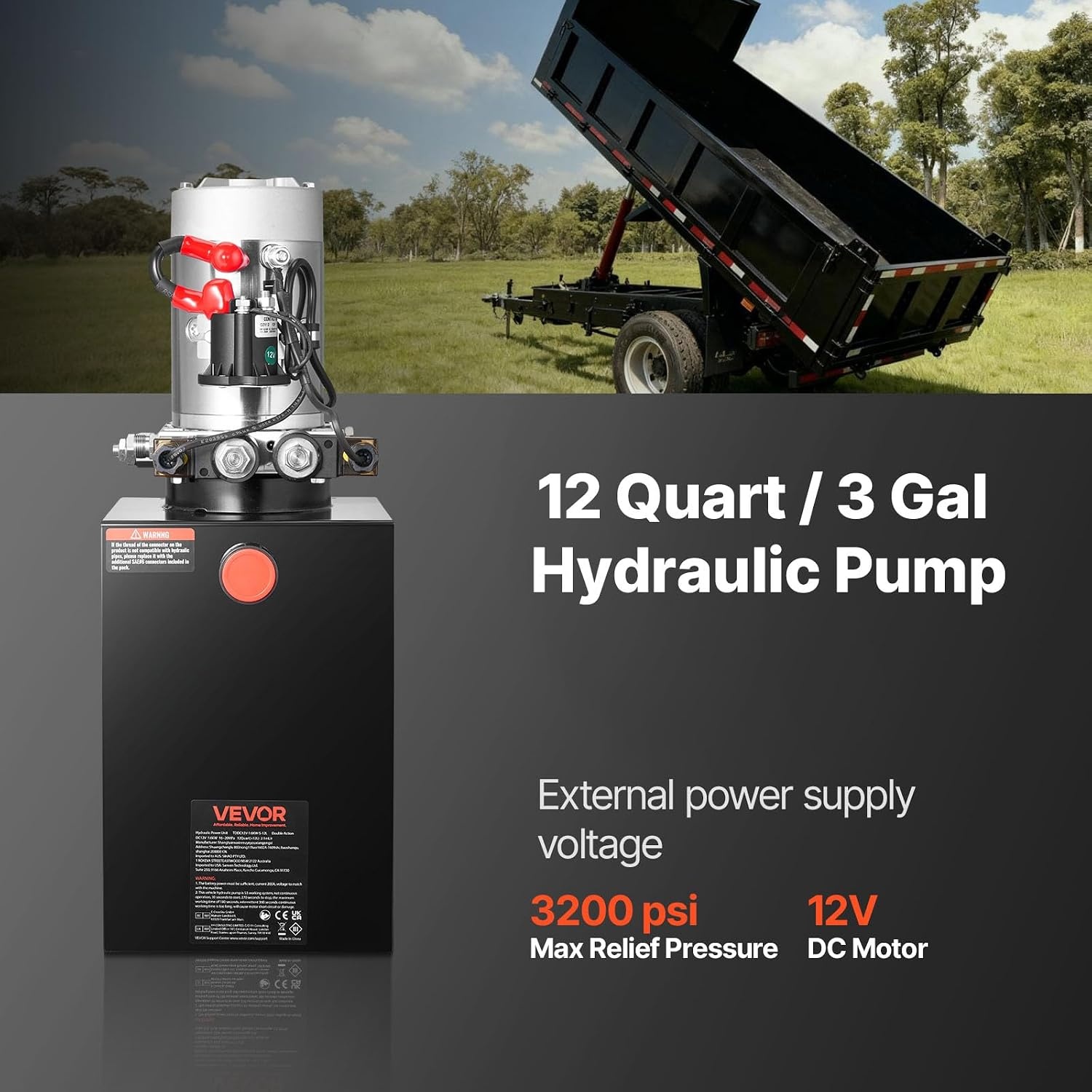 image:imageVEVOR 4 Quart Hydraulic Power Unit Double Acting Dump Trailer Pump 3200 PSI Max Relief Pressure amp 091 GPM Flow Rate DC 12V Hydraulic Pump with Metal Reservoir for Dump Trailer Car Lifting Black12 Quart
