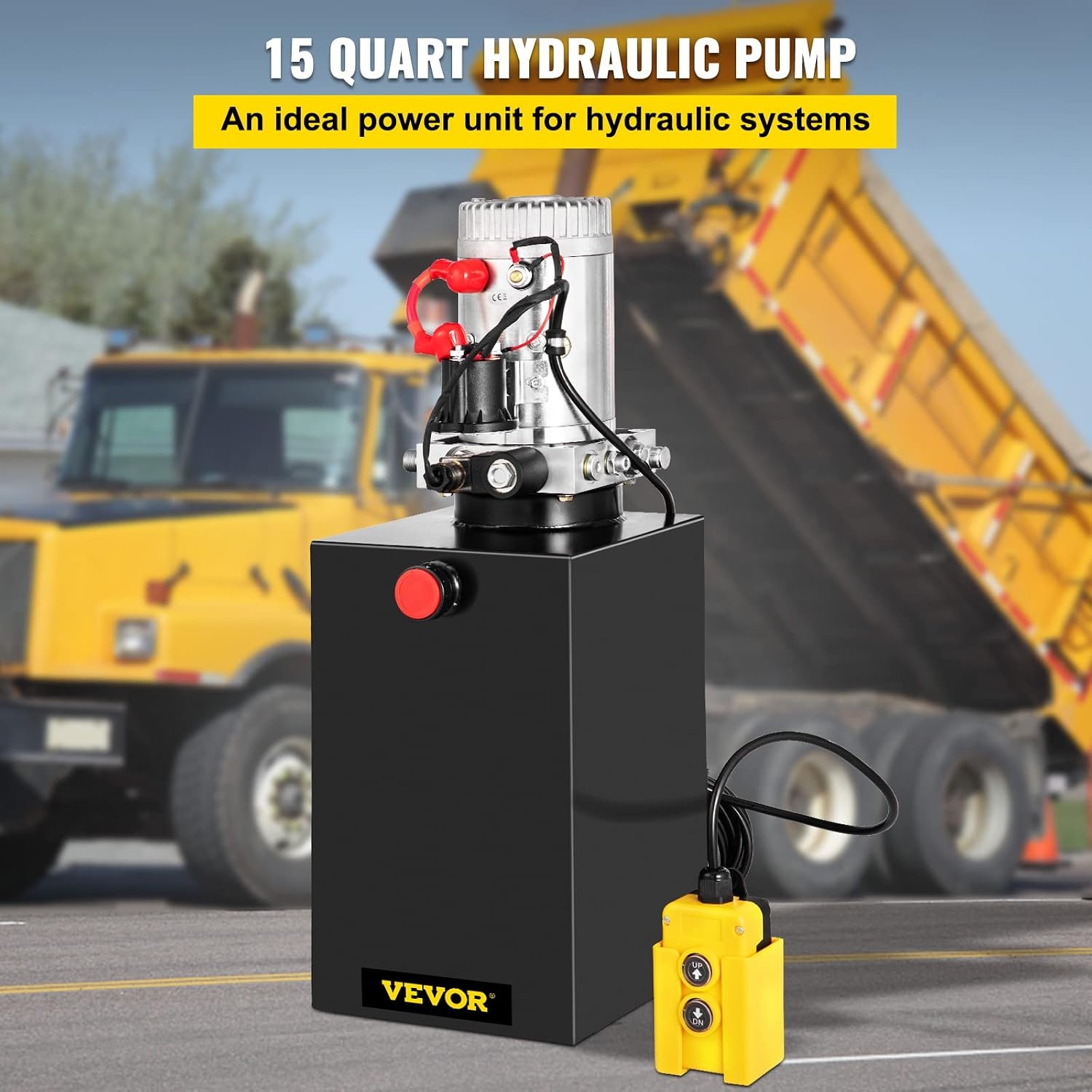 image:imageVEVOR 4 Quart Hydraulic Power Unit Double Acting Dump Trailer Pump 3200 PSI Max Relief Pressure amp 091 GPM Flow Rate DC 12V Hydraulic Pump with Metal Reservoir for Dump Trailer Car Lifting Black15 Quart