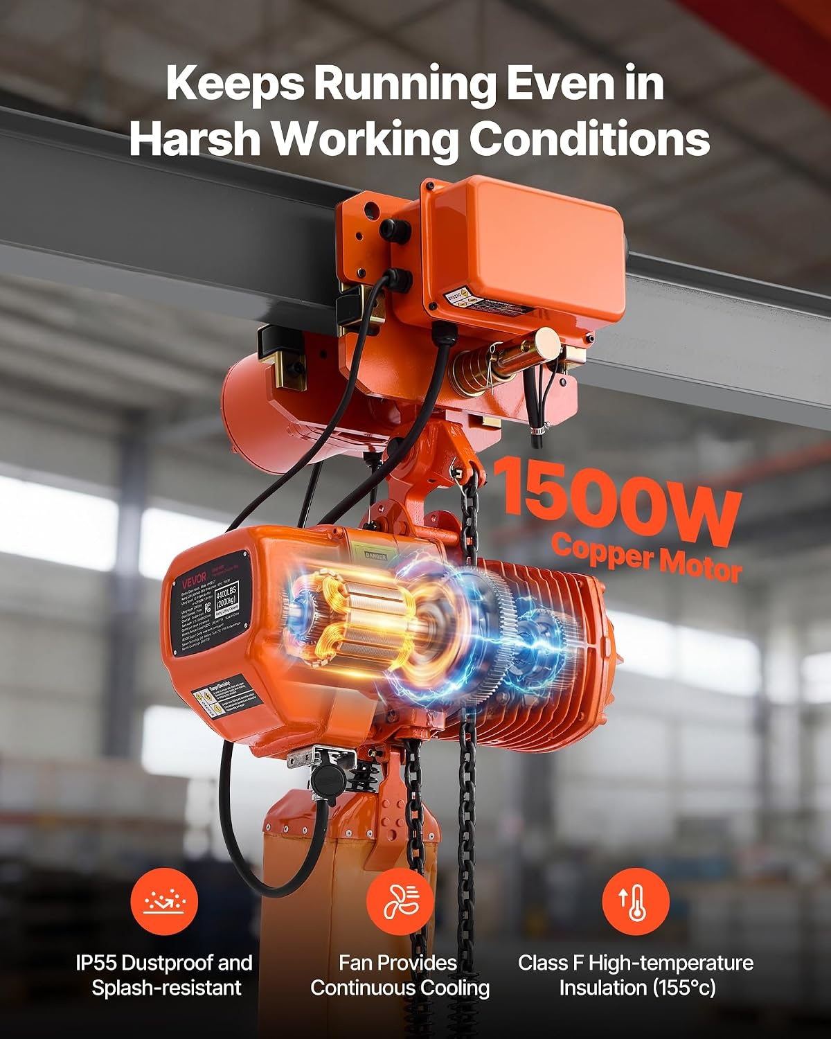 image:imageVEVOR 4400lbs Electric Chain Hoist with Power Trolley 2Speed Operation 20ft Lifting Height 3Phase 208240V440480V Overhead Crane w 328ft Wireless amp 16ft Wired Remote Control G100 2Chain Hoist2Speed 4400lbs 20ft