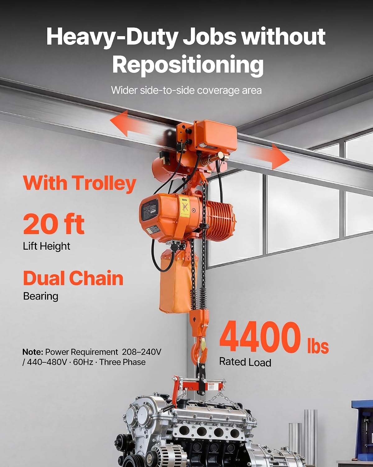 image:imageVEVOR 4400lbs Electric Chain Hoist with Power Trolley 2Speed Operation 20ft Lifting Height 3Phase 208240V440480V Overhead Crane w 328ft Wireless amp 16ft Wired Remote Control G100 2Chain Hoist2Speed 4400lbs 20ft