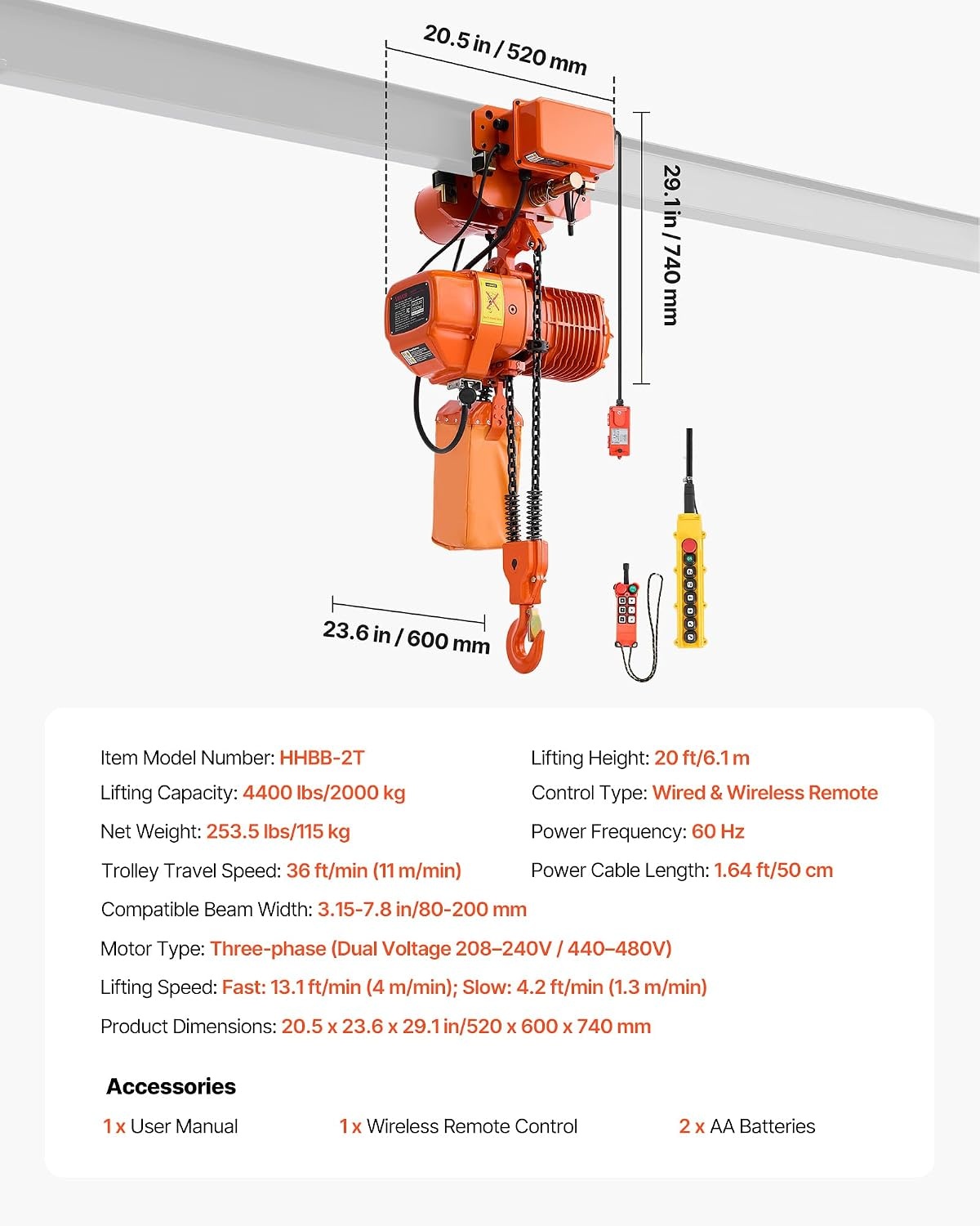 image:imageVEVOR 4400lbs Electric Chain Hoist with Power Trolley 2Speed Operation 20ft Lifting Height 3Phase 208240V440480V Overhead Crane w 328ft Wireless amp 16ft Wired Remote Control G100 2Chain Hoist2Speed 4400lbs 20ft