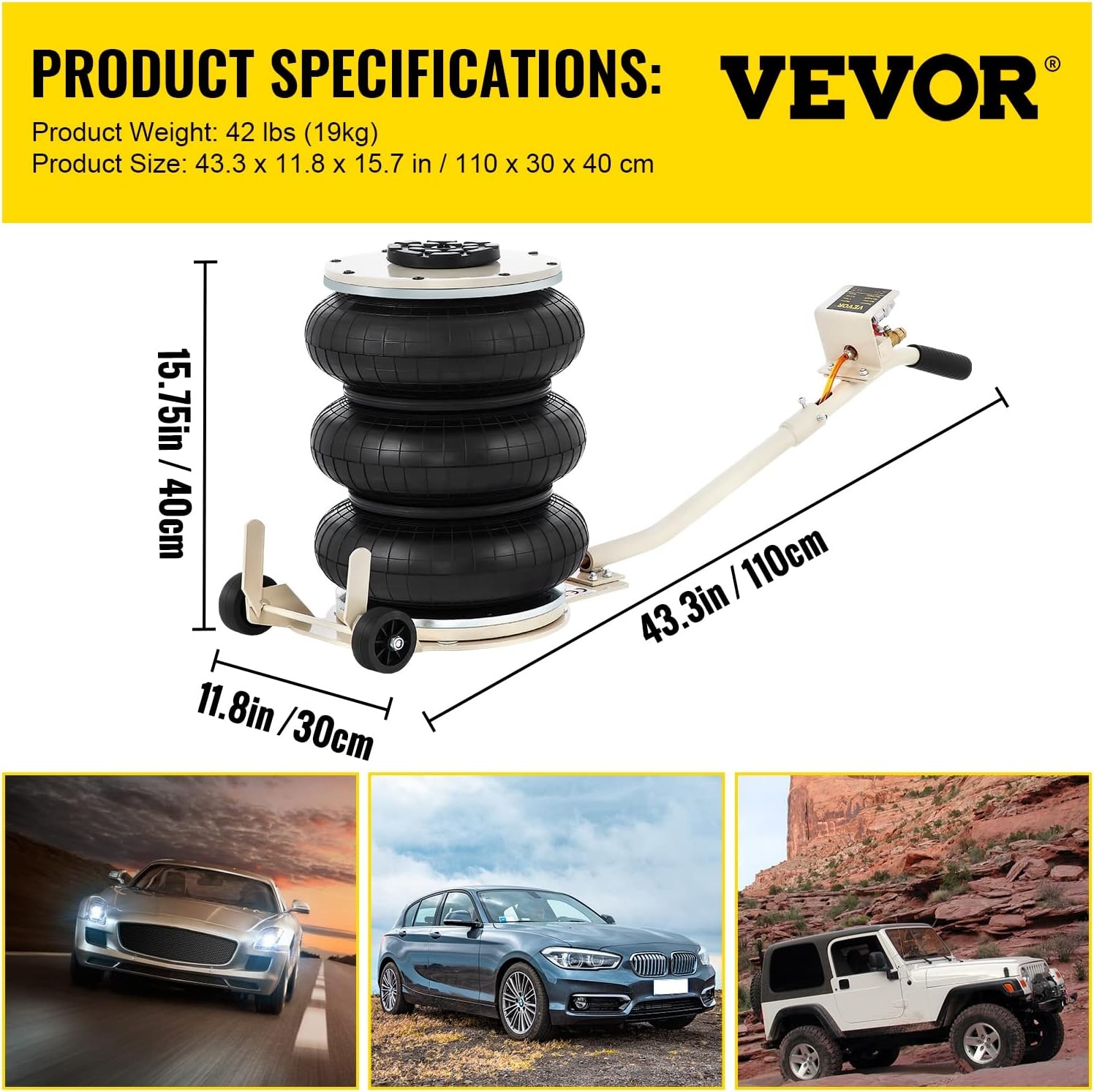 image:imageVEVOR 5 Ton11000 lbs Triple Bag Air Jack Air Bag Jack Lift Up to 1575 Inch 35S Fast Lifting for Cars with Long Handle Beige5T Long Handle