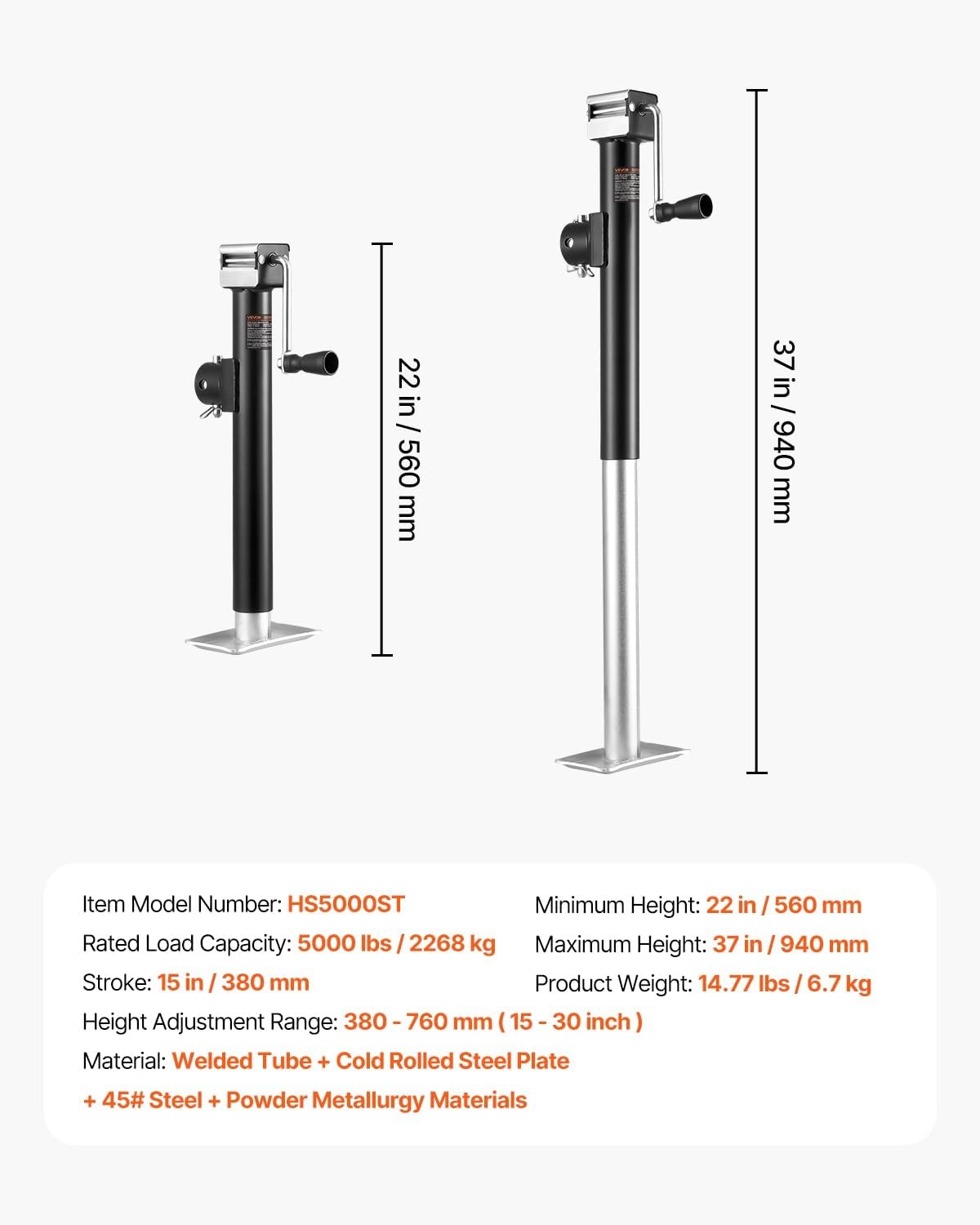 image:imageVEVOR 5000 lbs Trailer Jack Weldon PipeMount Swivel Trailer Jack with Ergonomic Handle 15inch Vertical Travel Suitable for RV Horse Utility Camping and Yacht TrailersWeldOn PipeMount