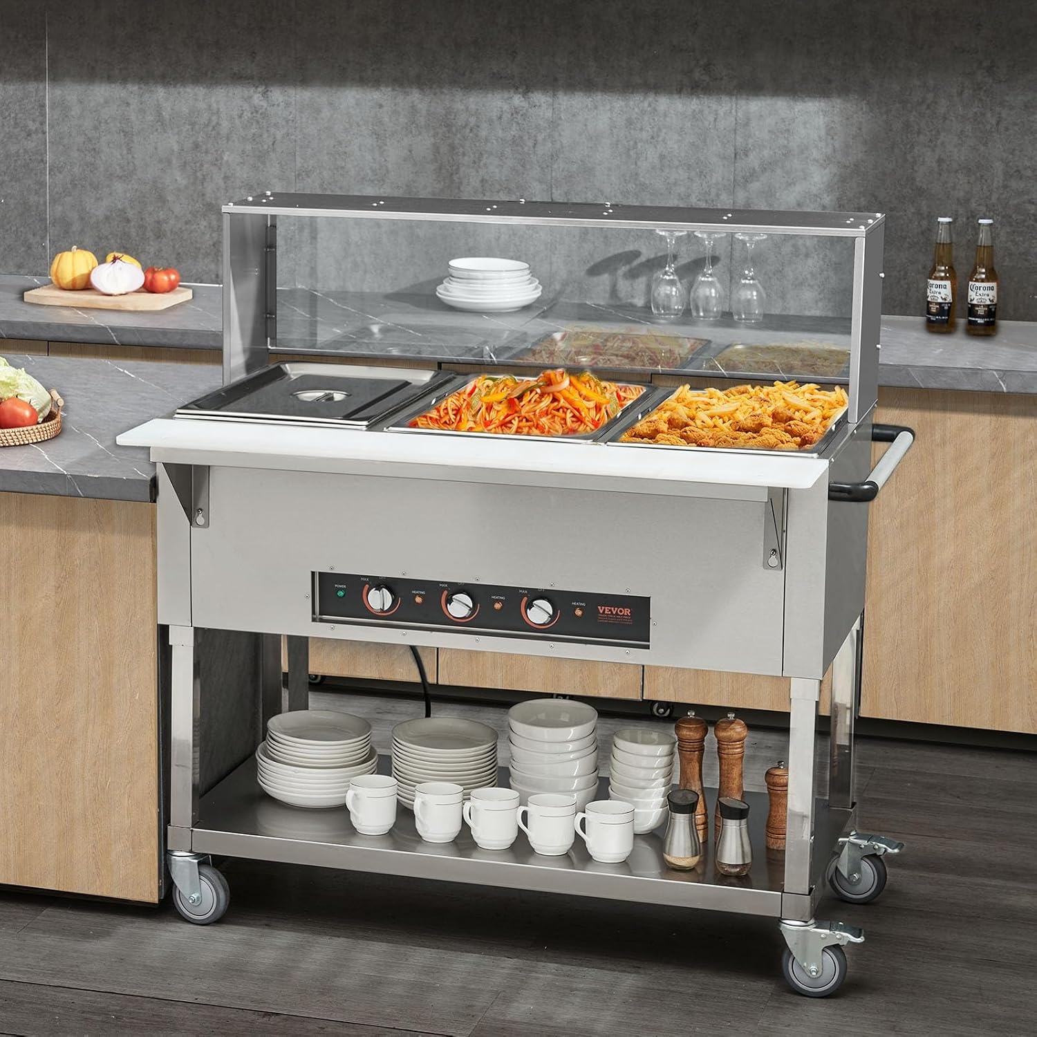 image:imageVEVOR 5Pan Commercial Food Warmer 5 x 206QT Electric Steam Table 3750W Professional Buffet Catering Food Warmer with Acrylic Sneeze Guard Food Grade Stainless Steel Server for Party Restaurant3Pan72QT