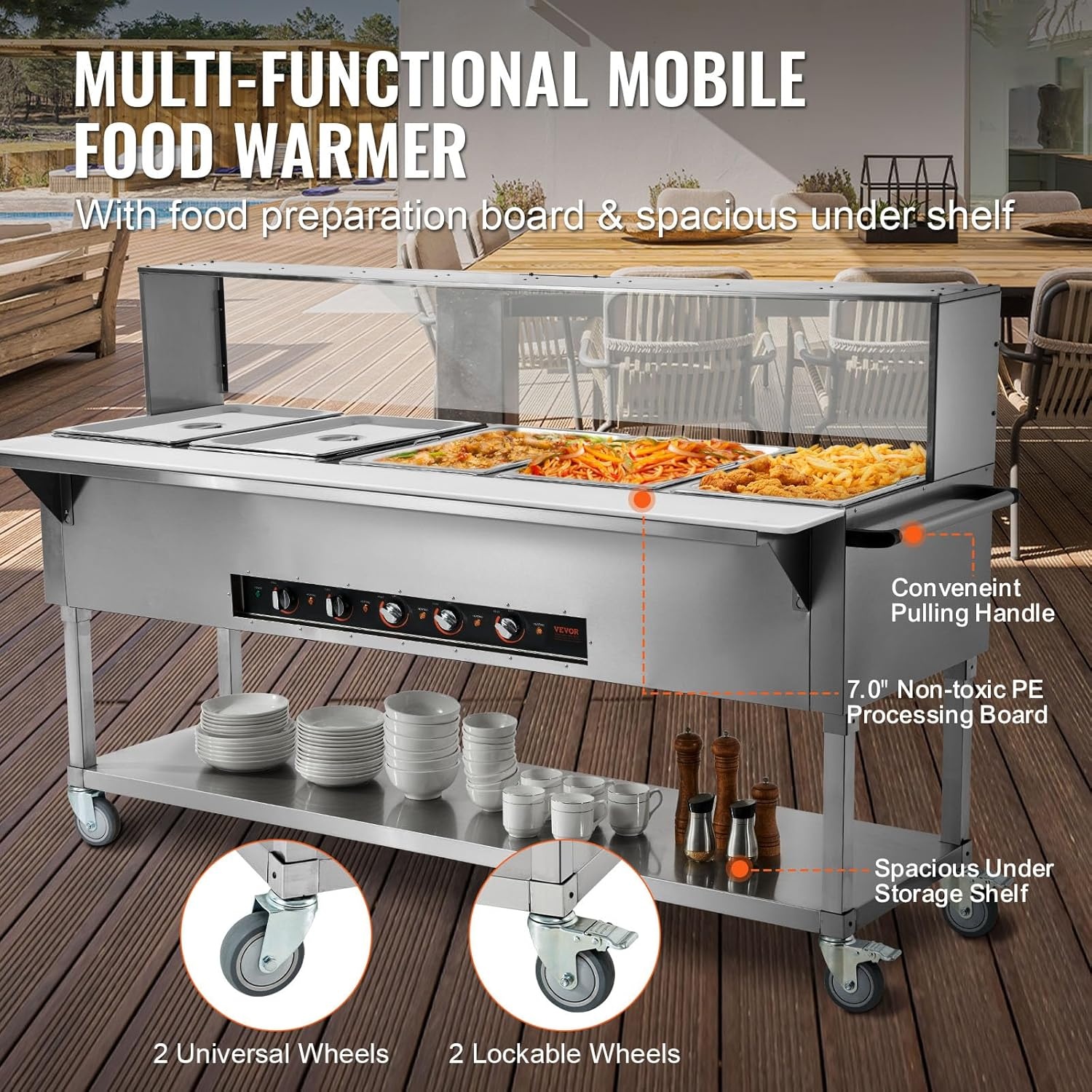 image:imageVEVOR 5Pan Commercial Food Warmer 5 x 206QT Electric Steam Table 3750W Professional Buffet Catering Food Warmer with Acrylic Sneeze Guard Food Grade Stainless Steel Server for Party Restaurant5Pan120QT