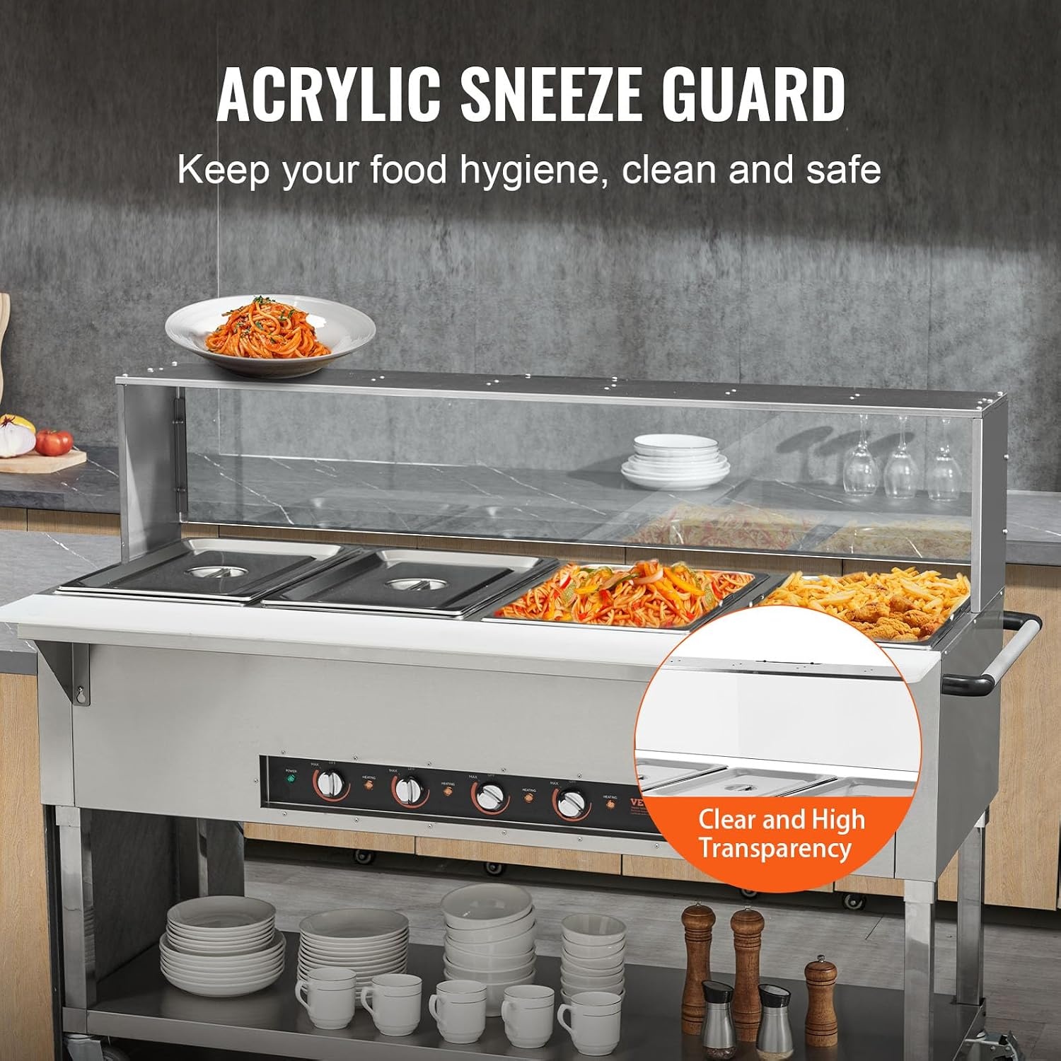 image:imageVEVOR 5Pan Commercial Food Warmer 5 x 206QT Electric Steam Table 3750W Professional Buffet Catering Food Warmer with Acrylic Sneeze Guard Food Grade Stainless Steel Server for Party Restaurant4Pan96QT