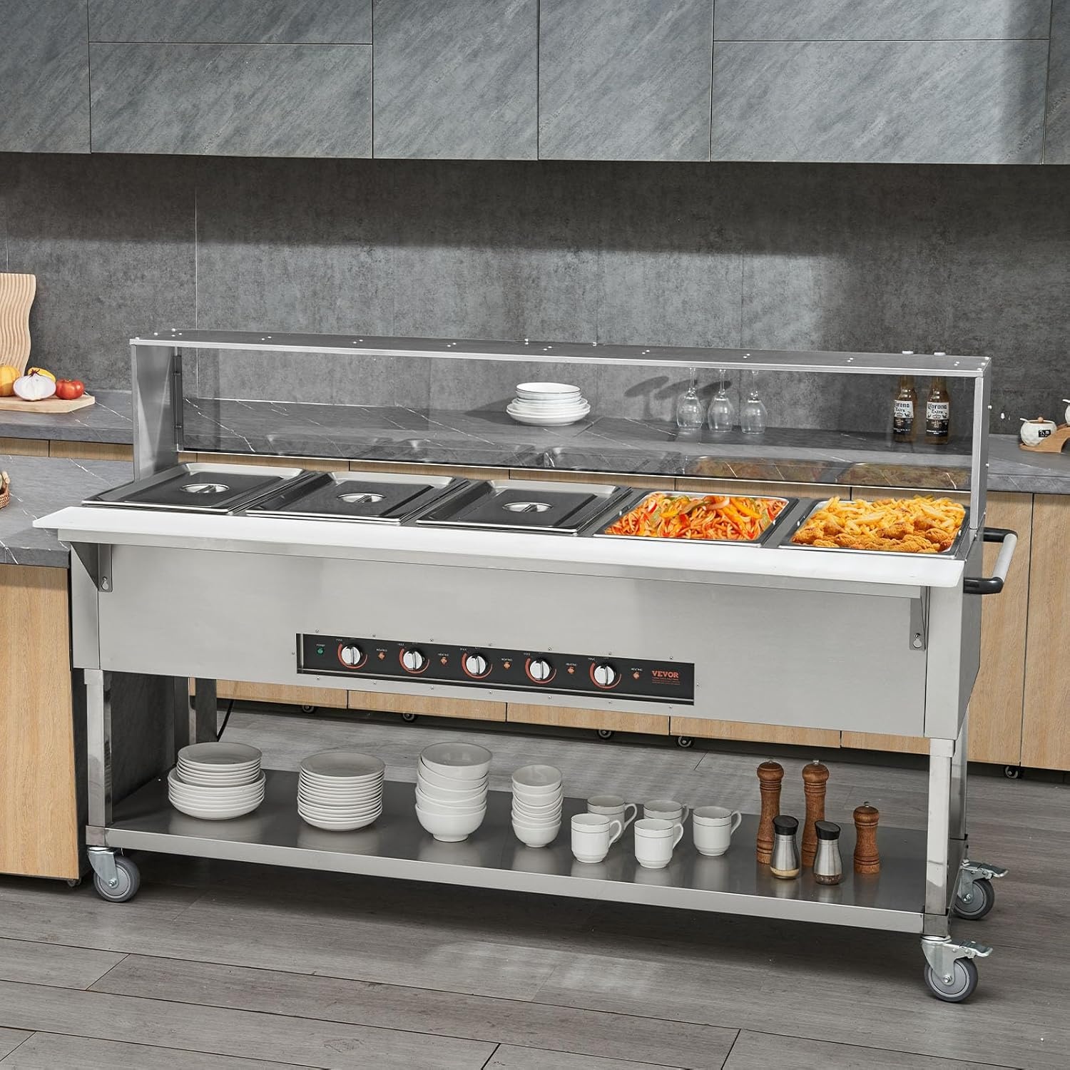 image:imageVEVOR 5Pan Commercial Food Warmer 5 x 206QT Electric Steam Table 3750W Professional Buffet Catering Food Warmer with Acrylic Sneeze Guard Food Grade Stainless Steel Server for Party Restaurant5Pan120QT