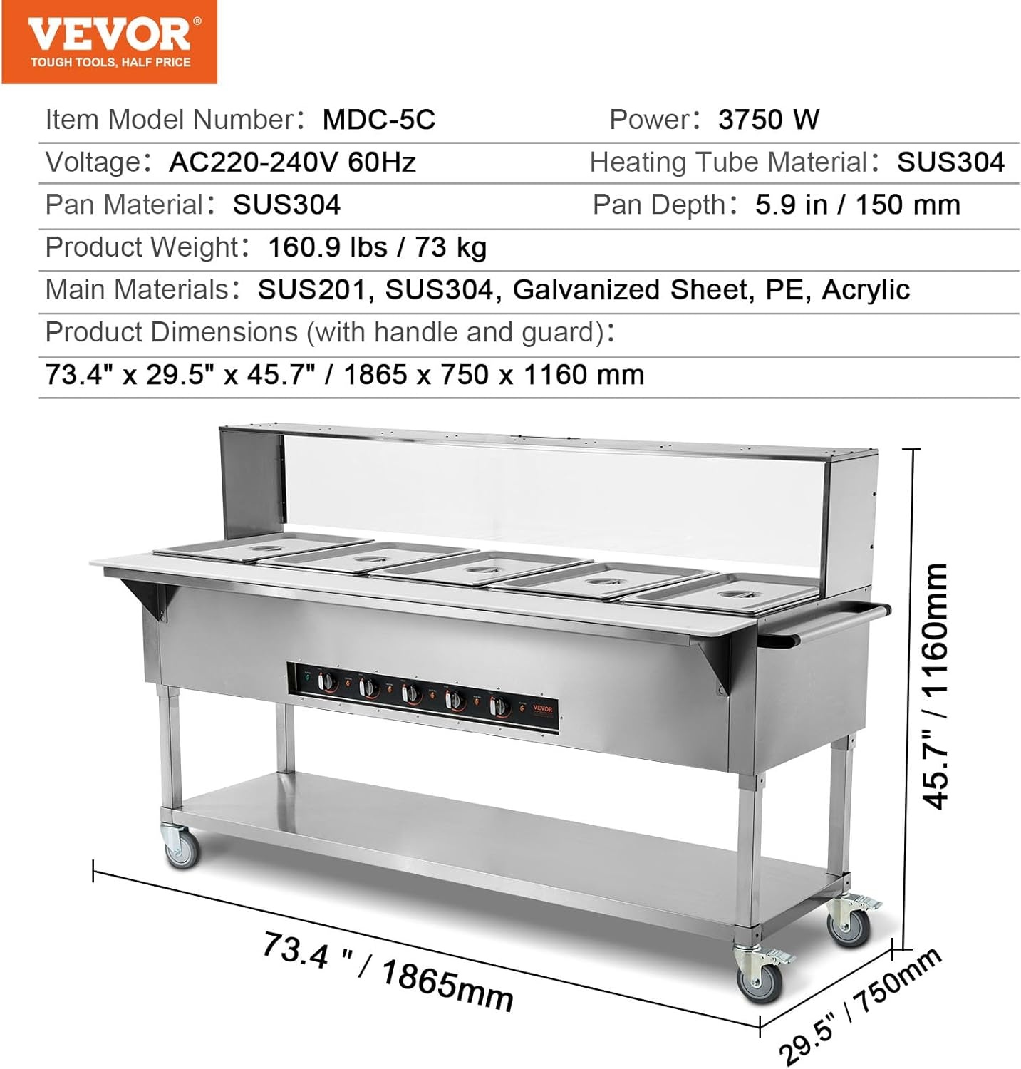image:imageVEVOR 5Pan Commercial Food Warmer 5 x 206QT Electric Steam Table 3750W Professional Buffet Catering Food Warmer with Acrylic Sneeze Guard Food Grade Stainless Steel Server for Party Restaurant5Pan120QT