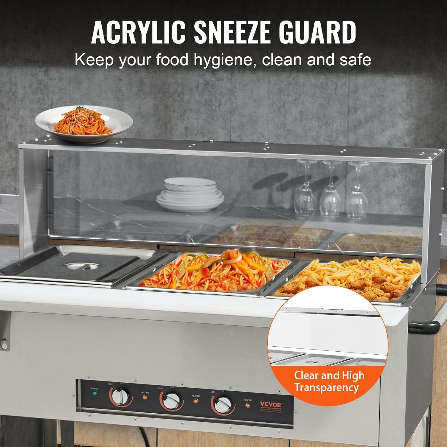 image:imageVEVOR 5Pan Commercial Food Warmer 5 x 206QT Electric Steam Table 3750W Professional Buffet Catering Food Warmer with Acrylic Sneeze Guard Food Grade Stainless Steel Server for Party Restaurant3Pan72QT