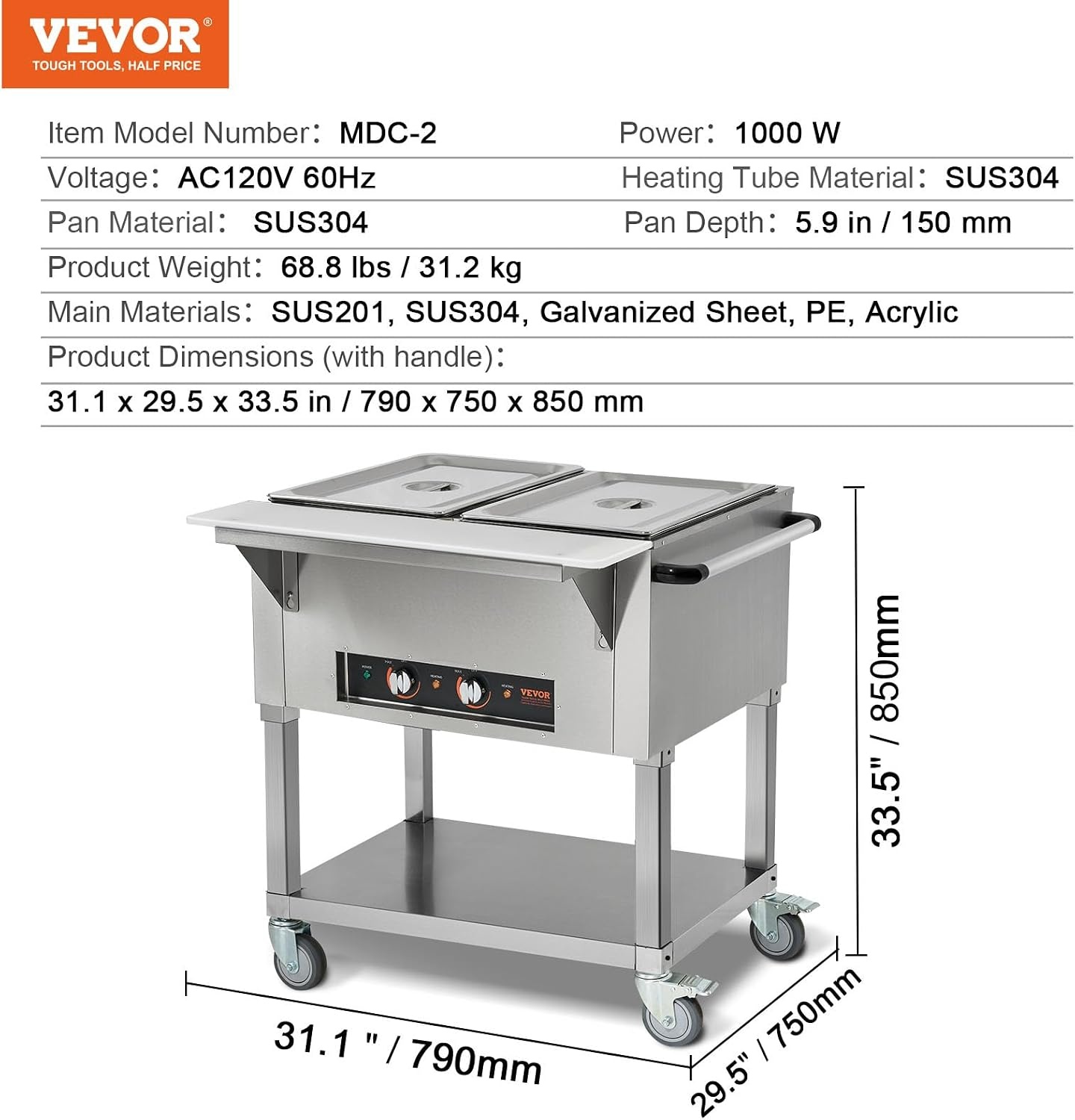 image:imageVEVOR 5Pan Commercial Food Warmer 5 x 206QT Electric Steam Table 3750W Professional Buffet Catering Food Warmer with Acrylic Sneeze Guard Food Grade Stainless Steel Server for Party Restaurant2Pan