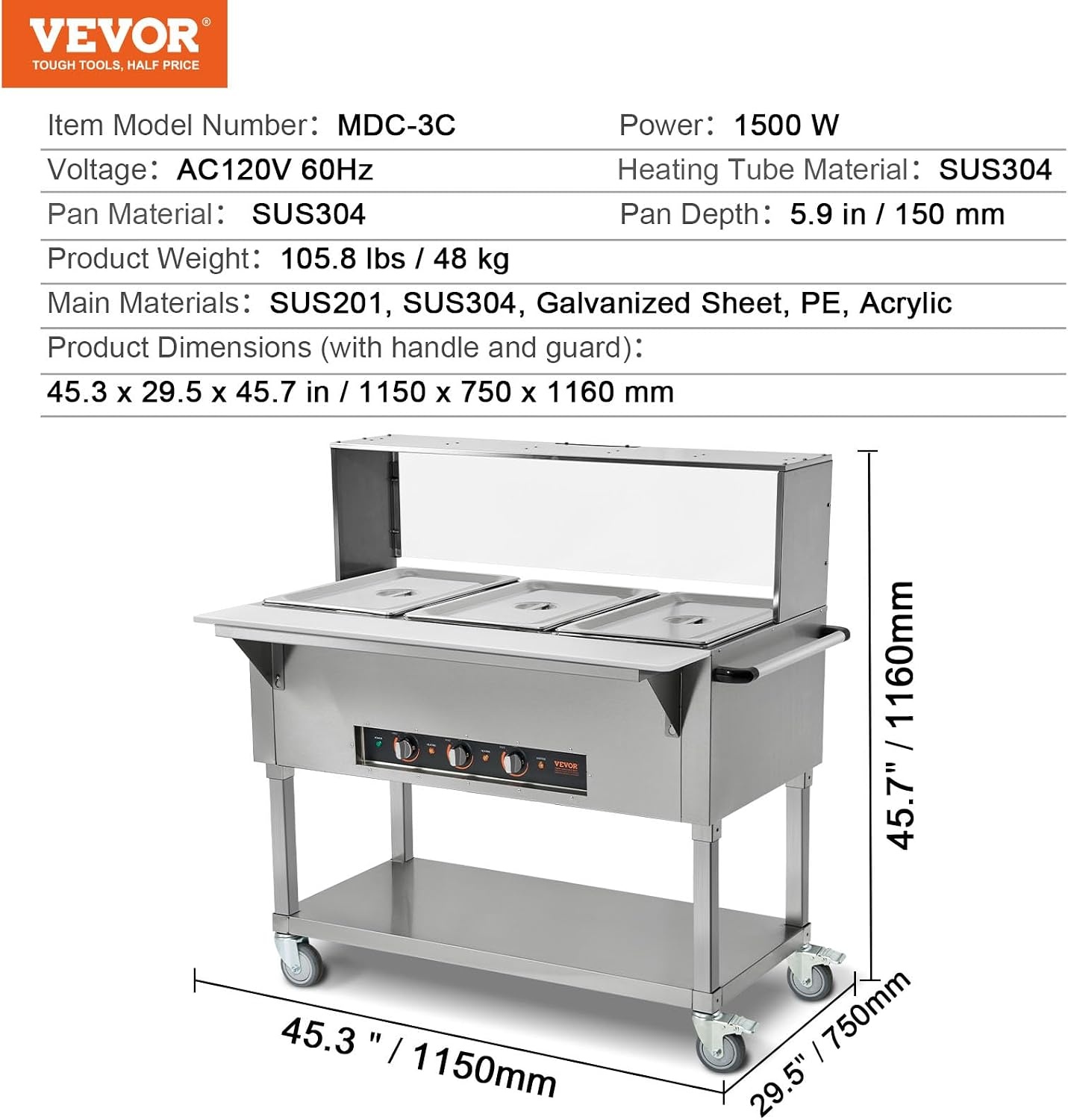 image:imageVEVOR 5Pan Commercial Food Warmer 5 x 206QT Electric Steam Table 3750W Professional Buffet Catering Food Warmer with Acrylic Sneeze Guard Food Grade Stainless Steel Server for Party Restaurant3Pan72QT