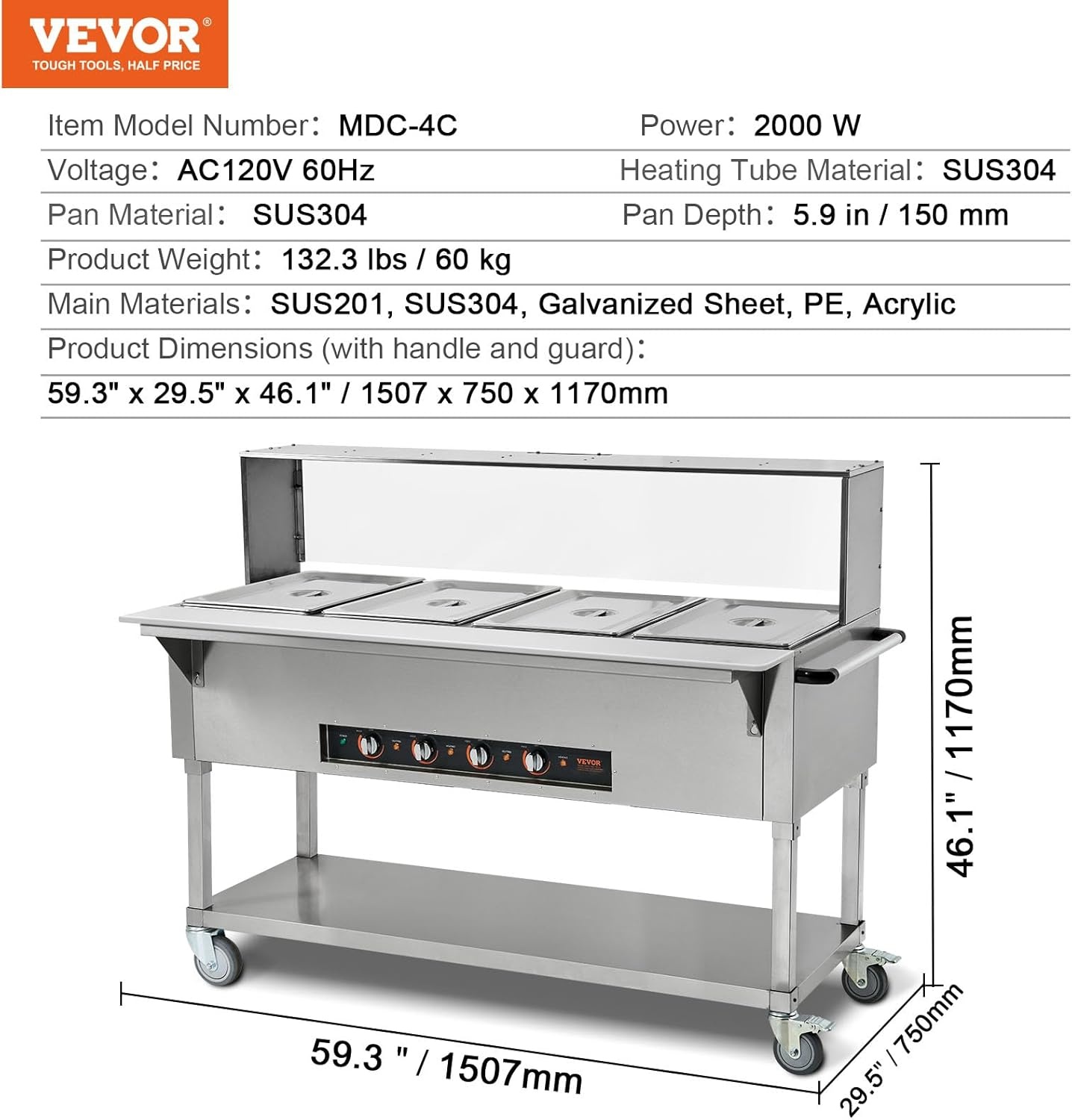 image:imageVEVOR 5Pan Commercial Food Warmer 5 x 206QT Electric Steam Table 3750W Professional Buffet Catering Food Warmer with Acrylic Sneeze Guard Food Grade Stainless Steel Server for Party Restaurant4Pan96QT