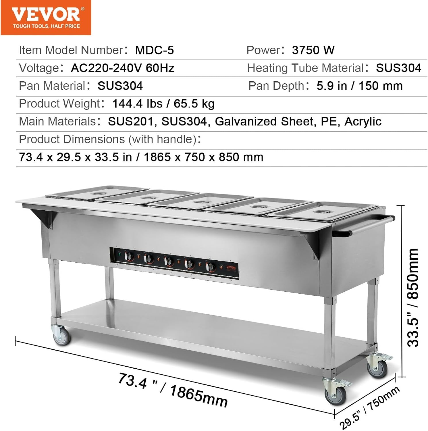 image:imageVEVOR 5Pan Commercial Food Warmer 5 x 206QT Electric Steam Table 3750W Professional Buffet Catering Food Warmer with Acrylic Sneeze Guard Food Grade Stainless Steel Server for Party Restaurant5Pan103QT