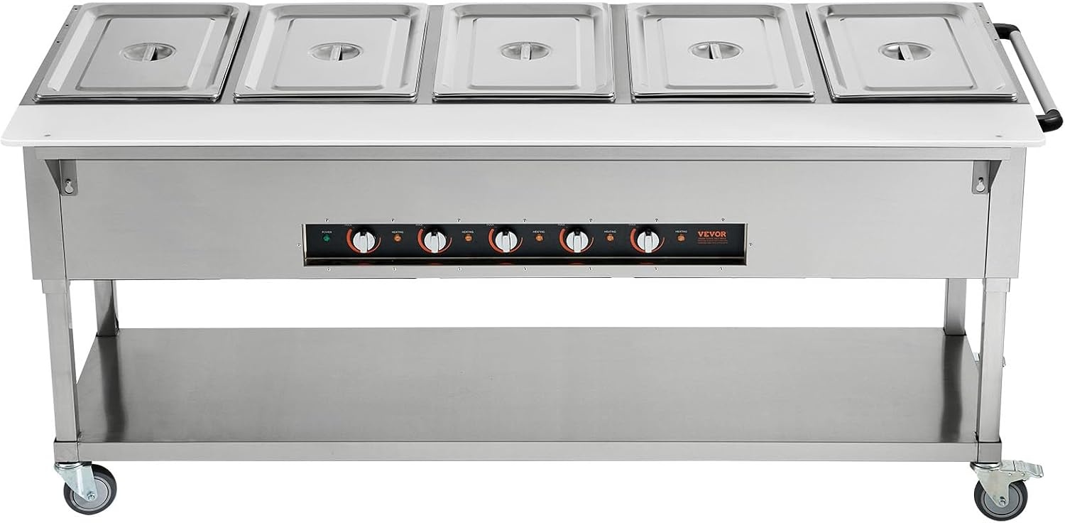 image:imageVEVOR 5Pan Commercial Food Warmer 5 x 206QT Electric Steam Table 3750W Professional Buffet Catering Food Warmer with Acrylic Sneeze Guard Food Grade Stainless Steel Server for Party Restaurant5Pan103QT
