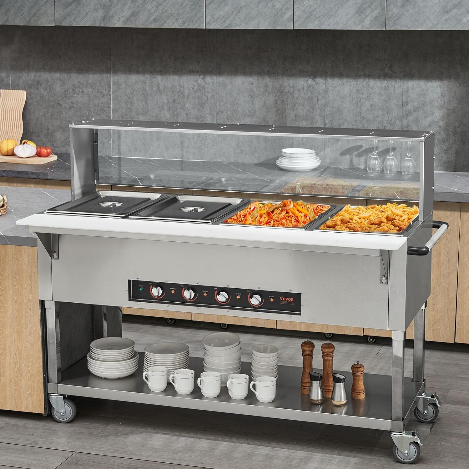image:imageVEVOR 5Pan Commercial Food Warmer 5 x 206QT Electric Steam Table 3750W Professional Buffet Catering Food Warmer with Acrylic Sneeze Guard Food Grade Stainless Steel Server for Party Restaurant4Pan96QT