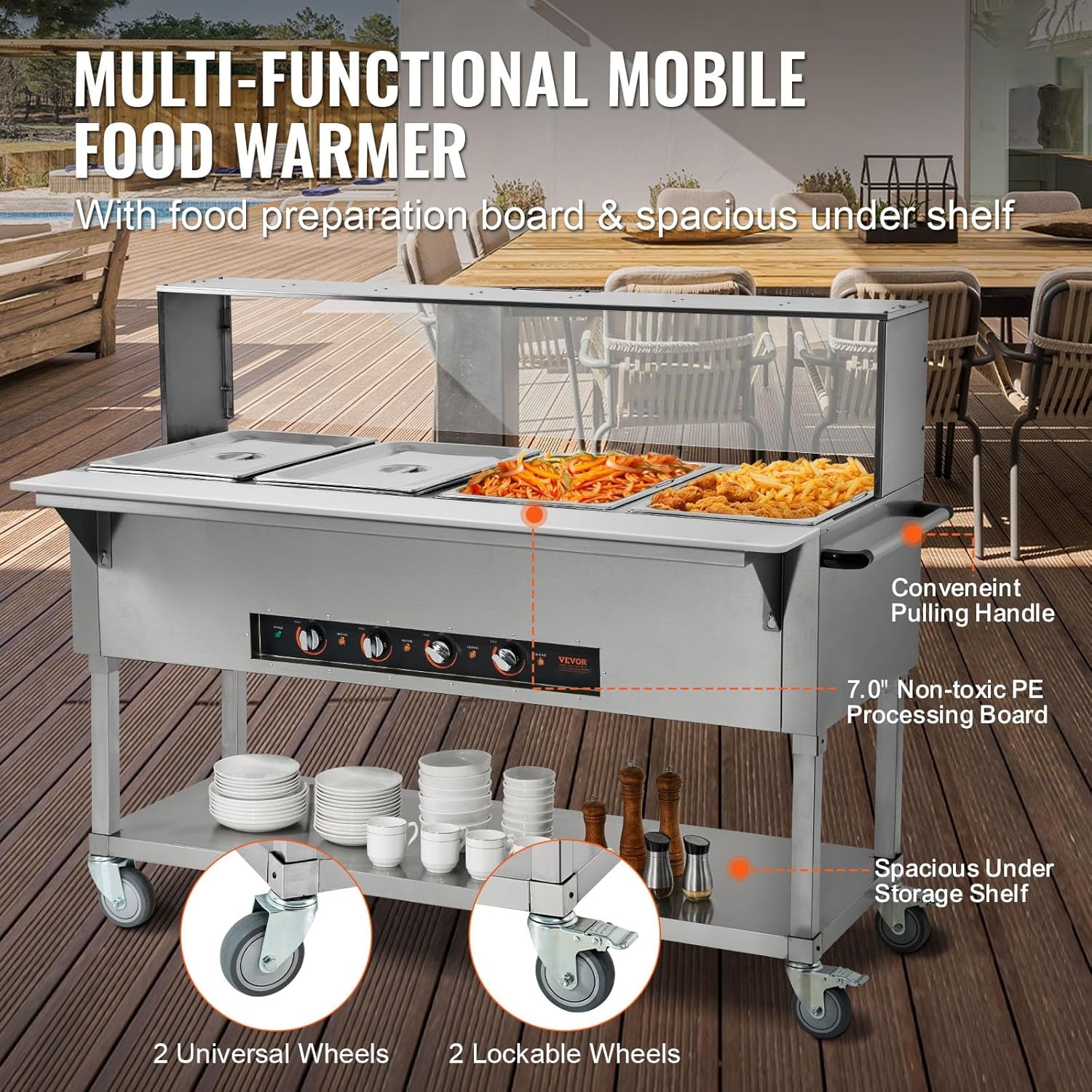 image:imageVEVOR 5Pan Commercial Food Warmer 5 x 206QT Electric Steam Table 3750W Professional Buffet Catering Food Warmer with Acrylic Sneeze Guard Food Grade Stainless Steel Server for Party Restaurant4Pan96QT