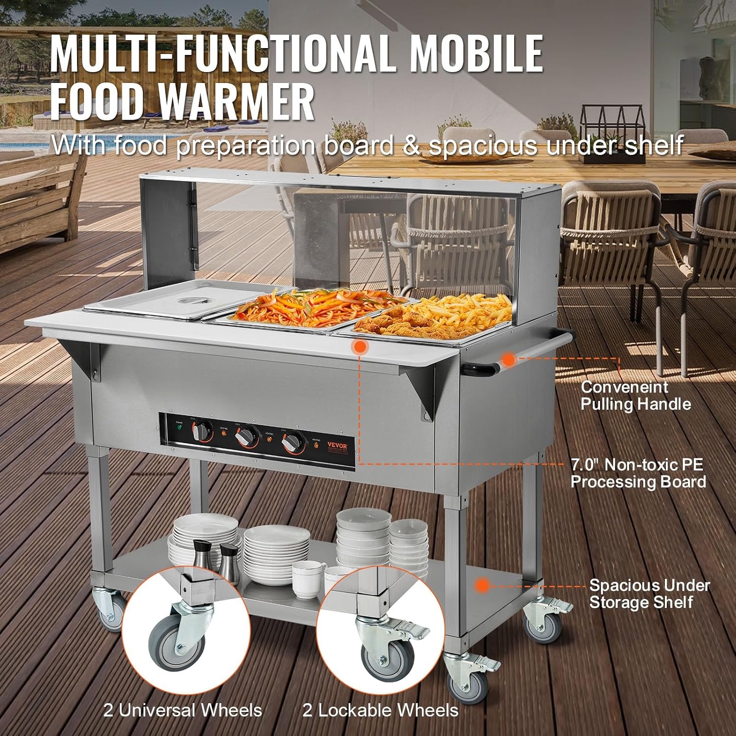 image:imageVEVOR 5Pan Commercial Food Warmer 5 x 206QT Electric Steam Table 3750W Professional Buffet Catering Food Warmer with Acrylic Sneeze Guard Food Grade Stainless Steel Server for Party Restaurant3Pan72QT