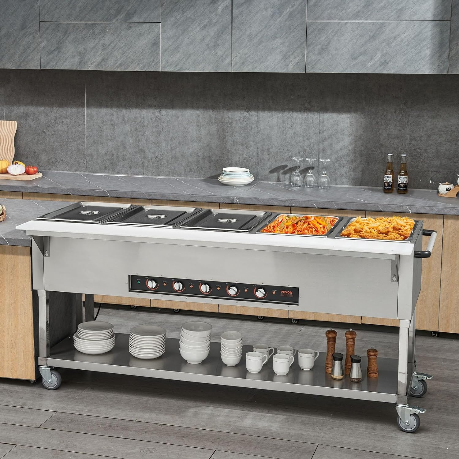 image:imageVEVOR 5Pan Commercial Food Warmer 5 x 206QT Electric Steam Table 3750W Professional Buffet Catering Food Warmer with Acrylic Sneeze Guard Food Grade Stainless Steel Server for Party Restaurant5Pan103QT