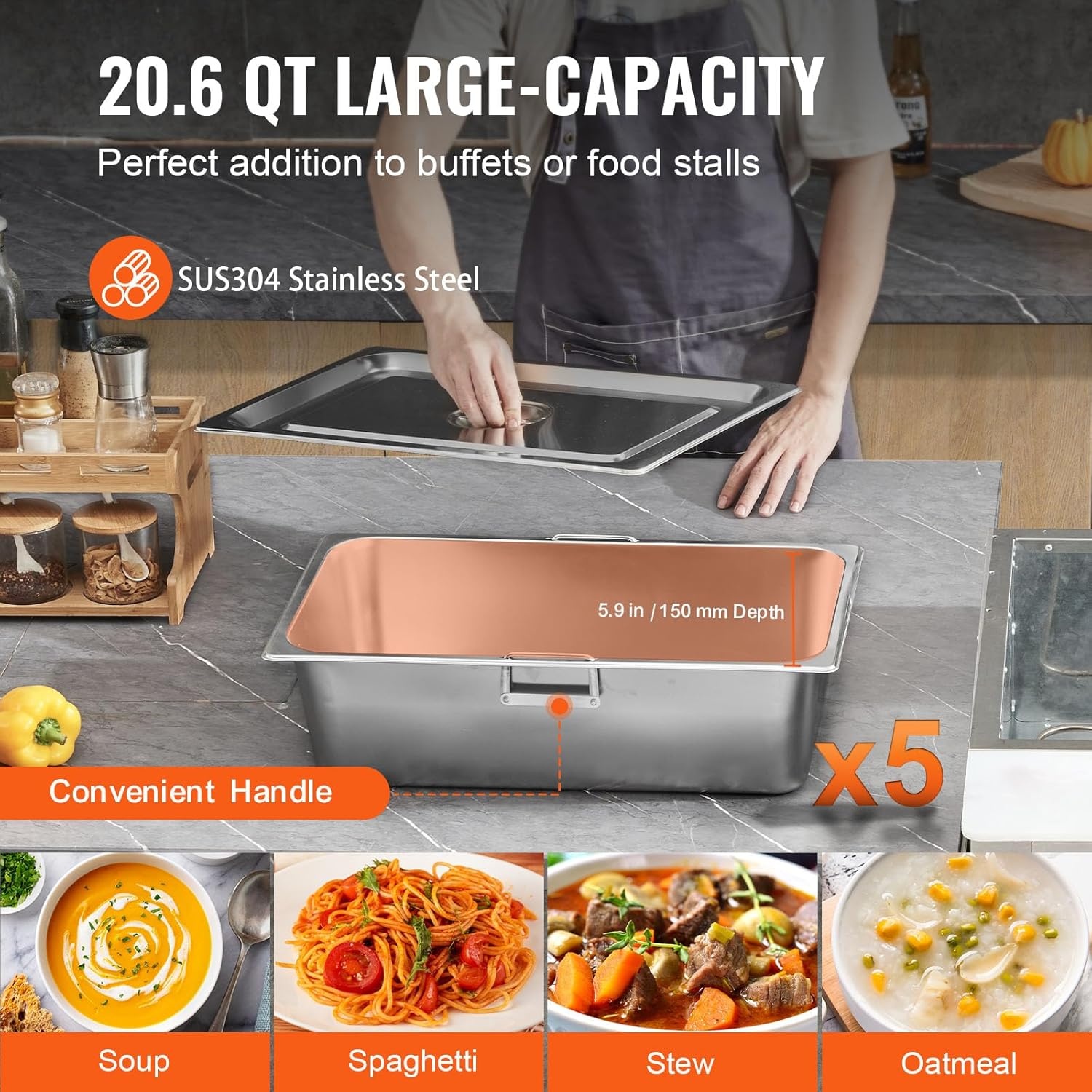 image:imageVEVOR 5Pan Commercial Food Warmer 5 x 206QT Electric Steam Table 3750W Professional Buffet Catering Food Warmer with Acrylic Sneeze Guard Food Grade Stainless Steel Server for Party Restaurant5Pan103QT