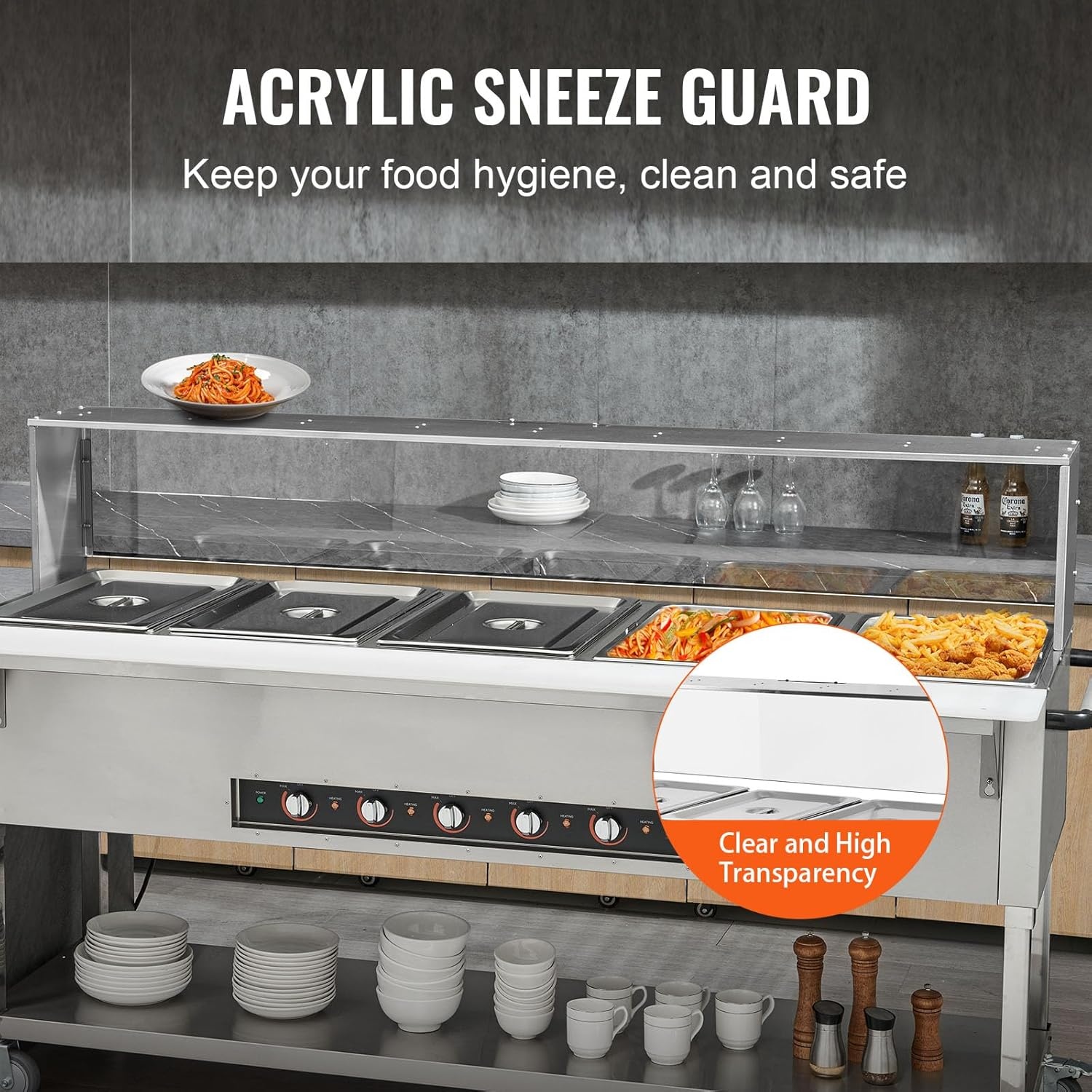 image:imageVEVOR 5Pan Commercial Food Warmer 5 x 206QT Electric Steam Table 3750W Professional Buffet Catering Food Warmer with Acrylic Sneeze Guard Food Grade Stainless Steel Server for Party Restaurant5Pan120QT