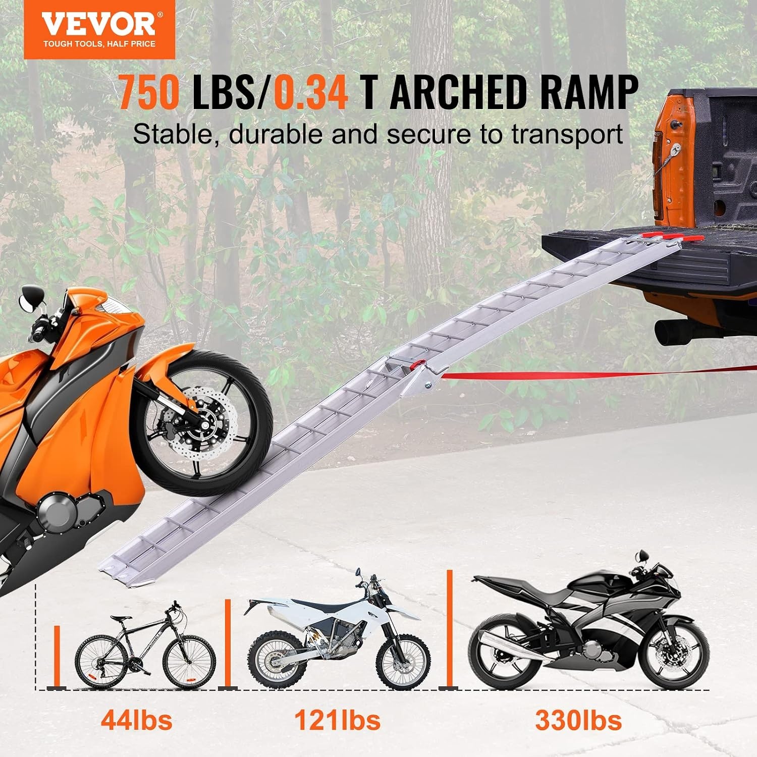 image:imageVEVOR 75ft Aluminum Ramps 1500 lbs Folding Loading Ramps 2 pcs Set for Pickup Trucks Bed Trailers Ramp with Load Straps for Dirt Bike UTV ATV Trucks Lawn Mowers Cargo Trailer 89 L x 12 W750lbs