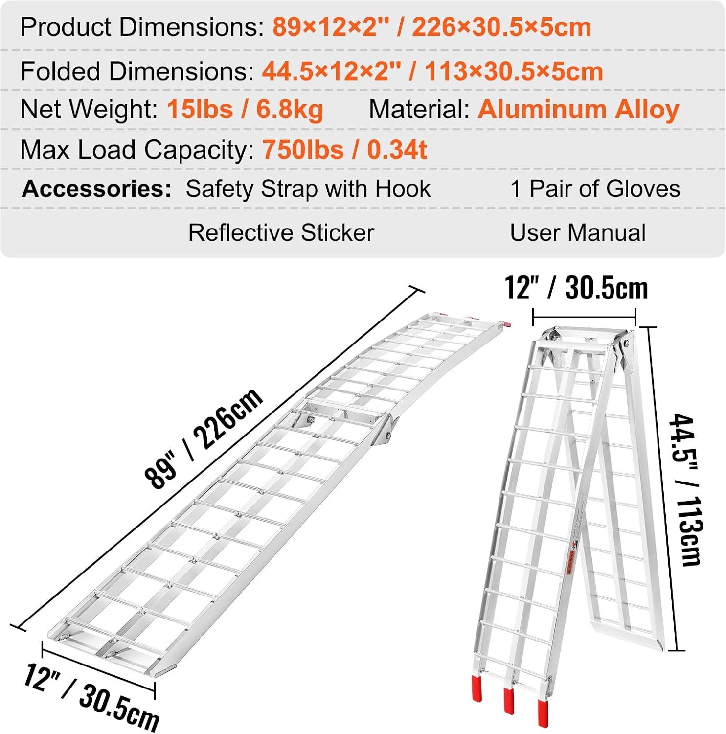 image:imageVEVOR 75ft Aluminum Ramps 1500 lbs Folding Loading Ramps 2 pcs Set for Pickup Trucks Bed Trailers Ramp with Load Straps for Dirt Bike UTV ATV Trucks Lawn Mowers Cargo Trailer 89 L x 12 W750lbs