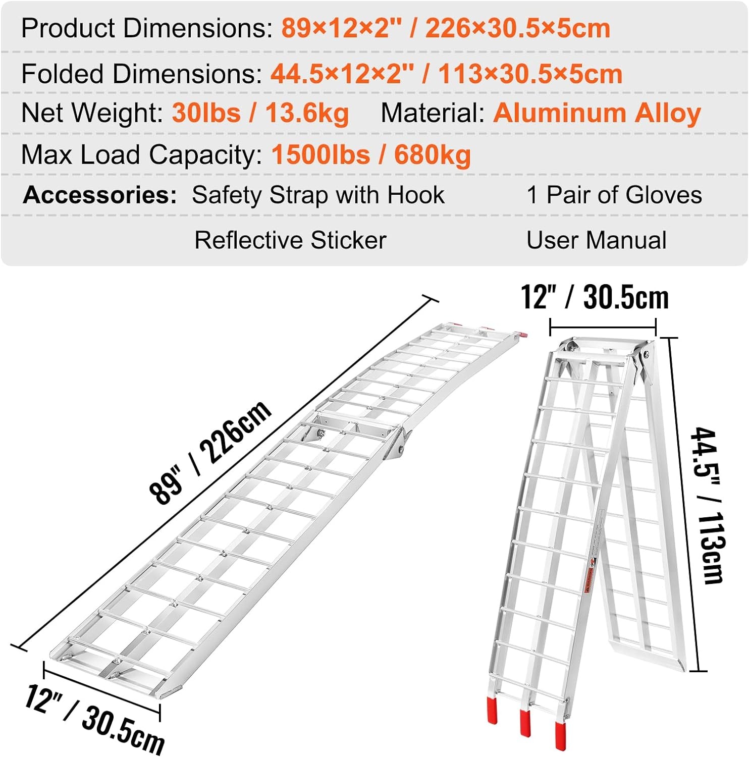image:imageVEVOR 75ft Aluminum Ramps 1500 lbs Folding Loading Ramps 2 pcs Set for Pickup Trucks Bed Trailers Ramp with Load Straps for Dirt Bike UTV ATV Trucks Lawn Mowers Cargo Trailer 89 L x 12 W1500lbs