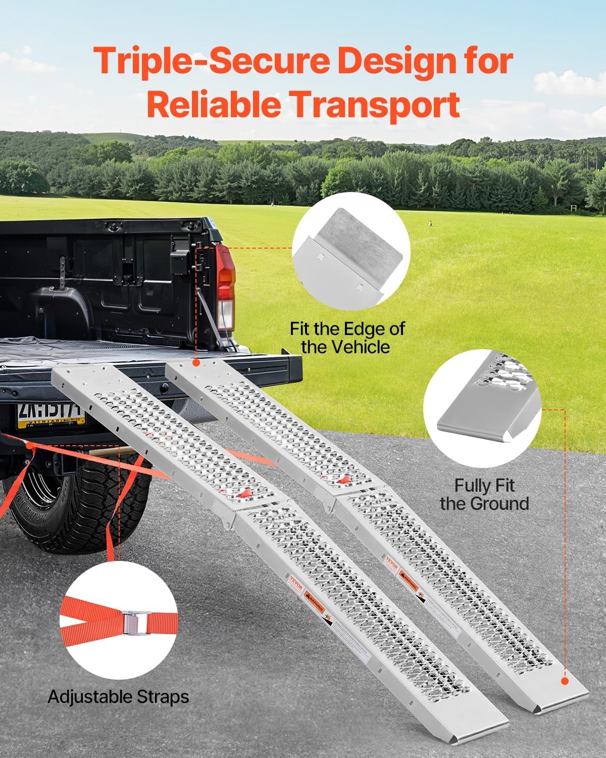 image:imageVEVOR 75ft Aluminum Ramps 1500 lbs Folding Loading Ramps 2 pcs Set for Pickup Trucks Bed Trailers Ramp with Load Straps for Dirt Bike UTV ATV Trucks Lawn Mowers Cargo Trailer 89 L x 12 W1000lbs