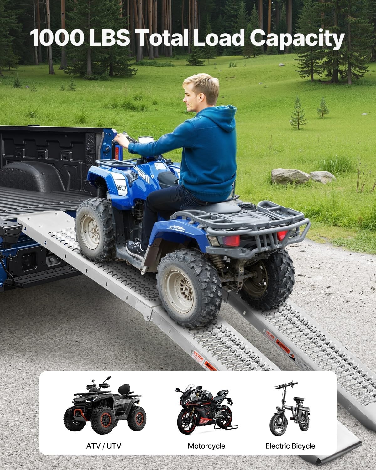 image:imageVEVOR 75ft Aluminum Ramps 1500 lbs Folding Loading Ramps 2 pcs Set for Pickup Trucks Bed Trailers Ramp with Load Straps for Dirt Bike UTV ATV Trucks Lawn Mowers Cargo Trailer 89 L x 12 W1000lbs
