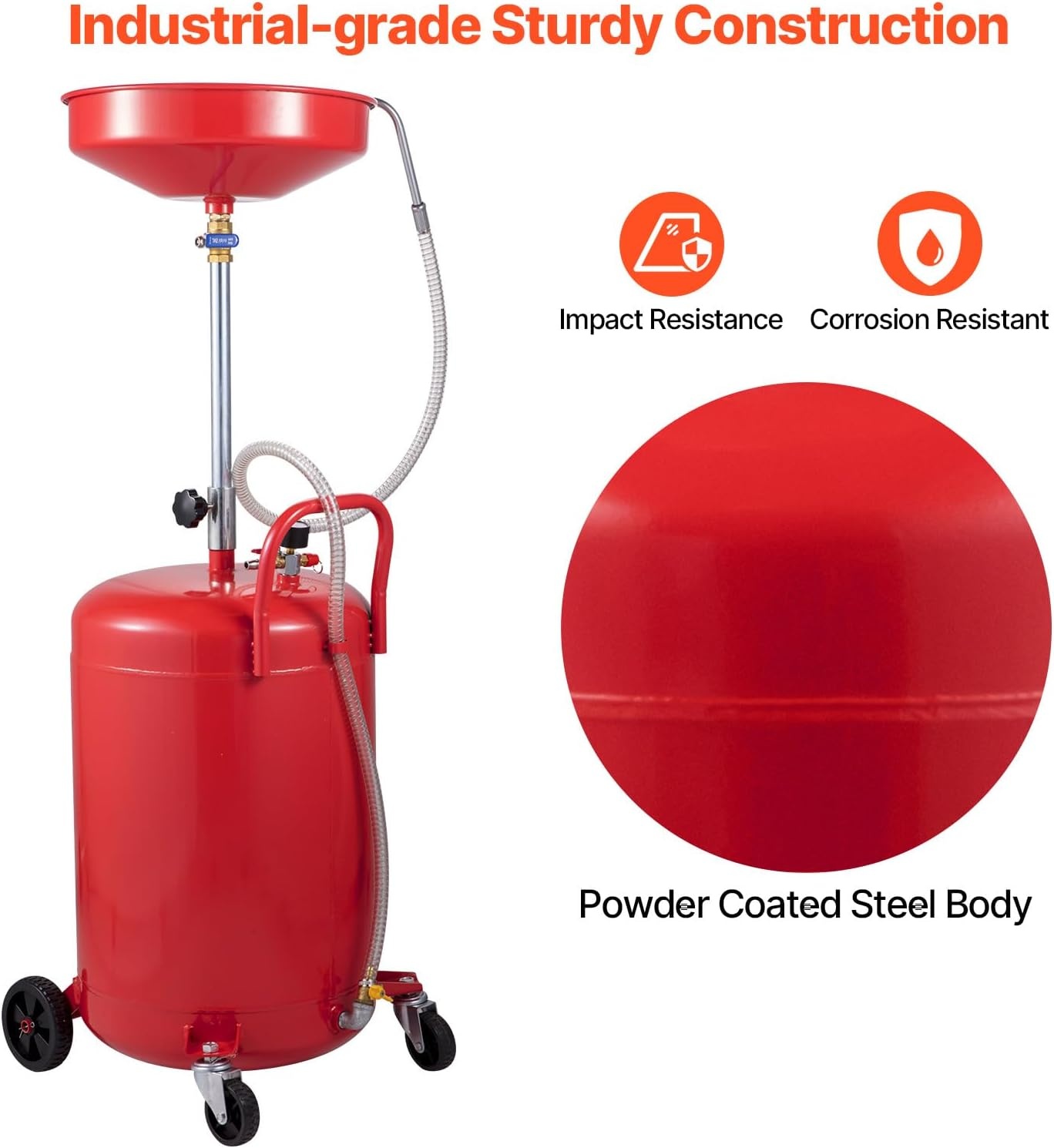 image:imageVEVOR 8 Gallon Waste Oil Drain Tank Industrial Fluid Drain Tank with Adjustable Funnel Height Portable Oil Drainer with Wheels amp Toolbox Fluid Fuel Transfer Drainage for Auto Repair Shops Red157 x 152x 65 in
